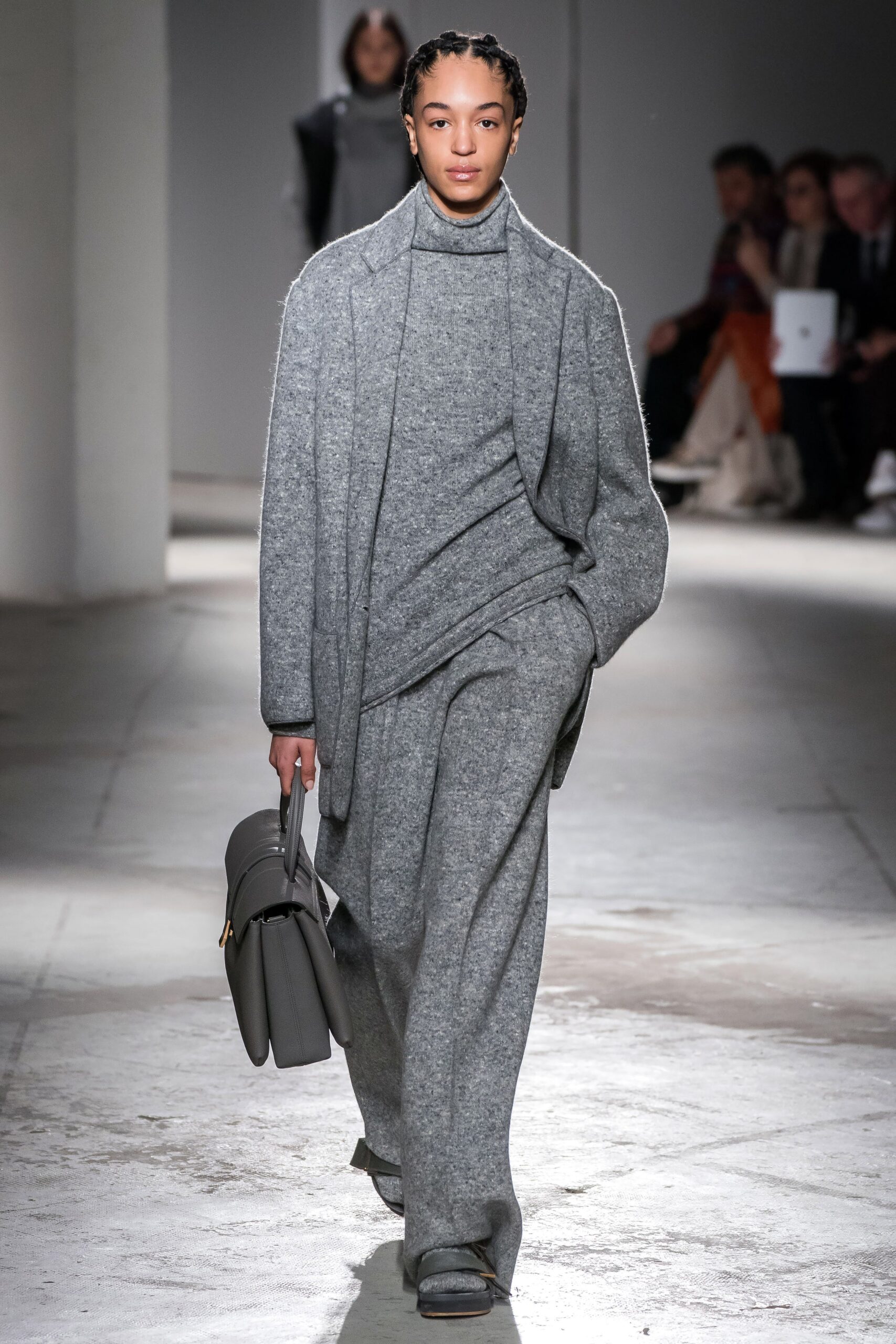gray wool relaxed coat and pants