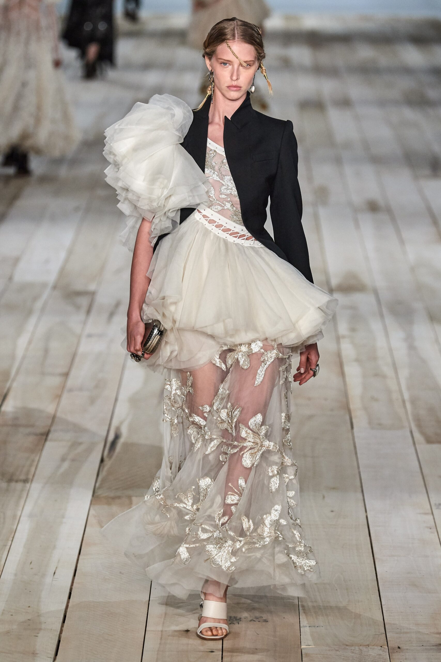 black tailored jacket with white dress