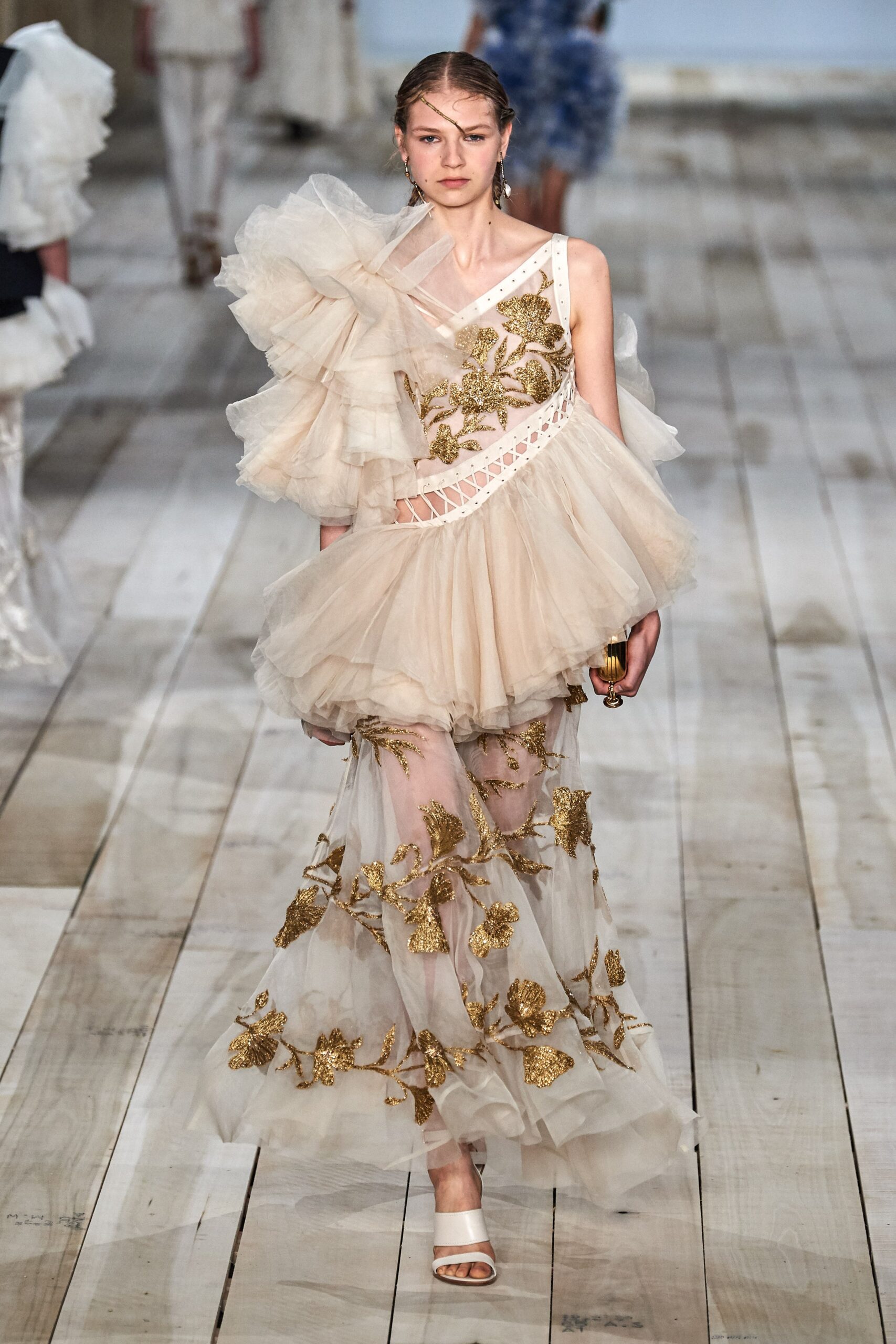 beige gold ruffled midi dress