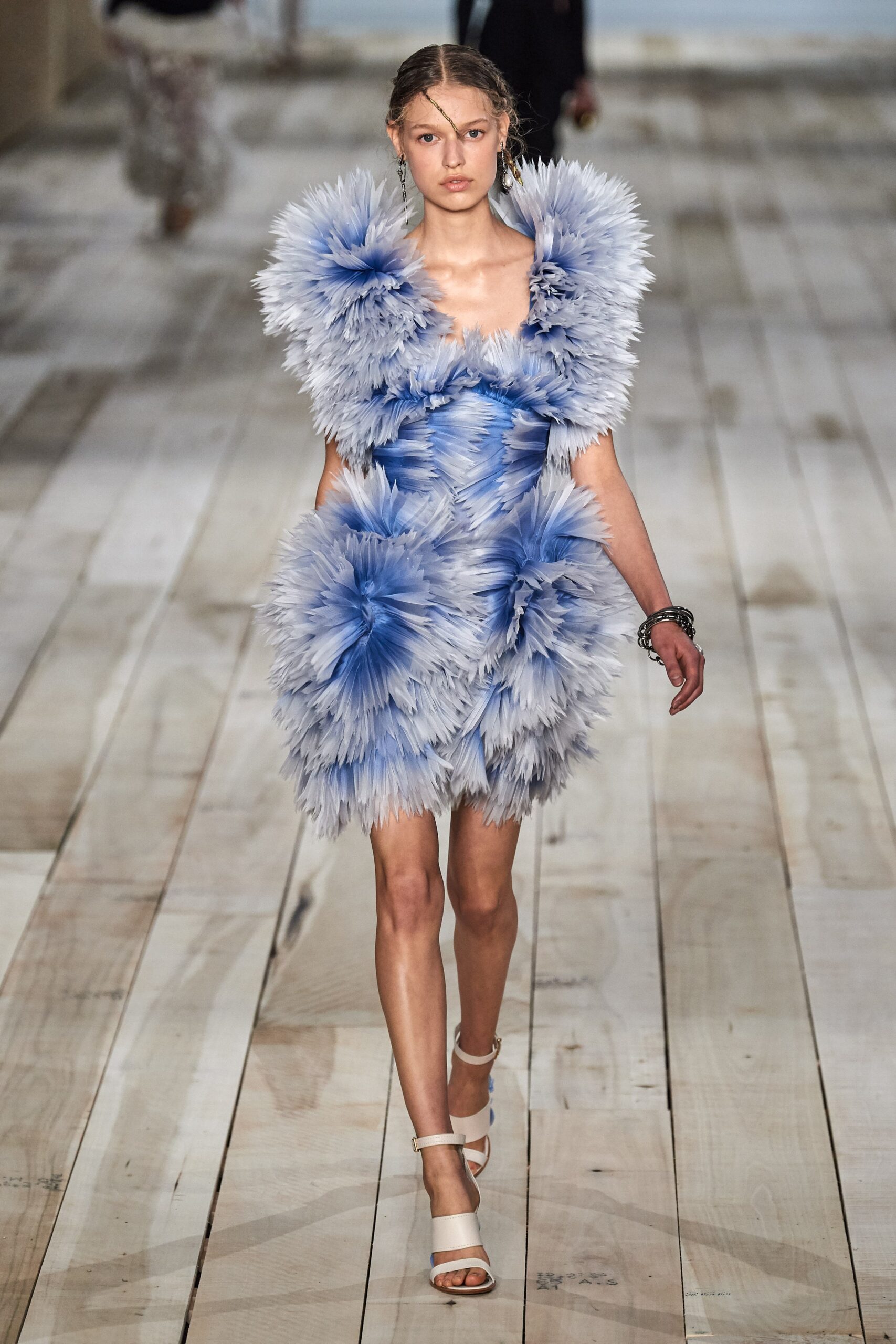 blue feathered mini dress