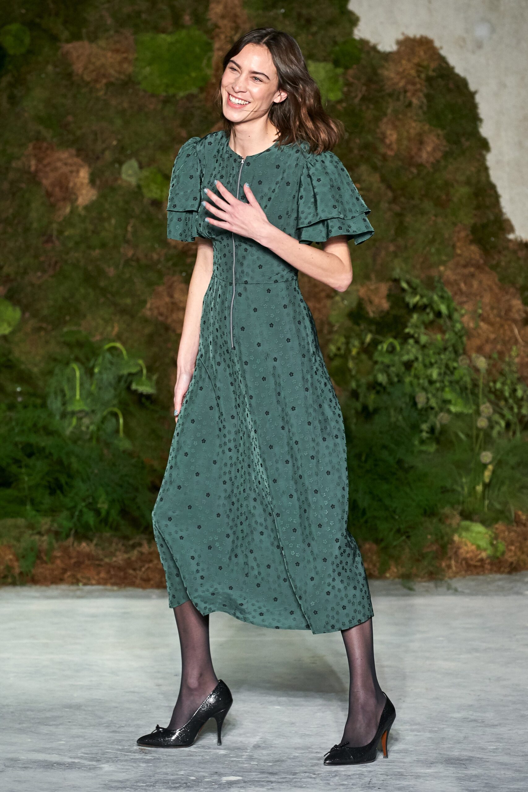 green pleated midi dress