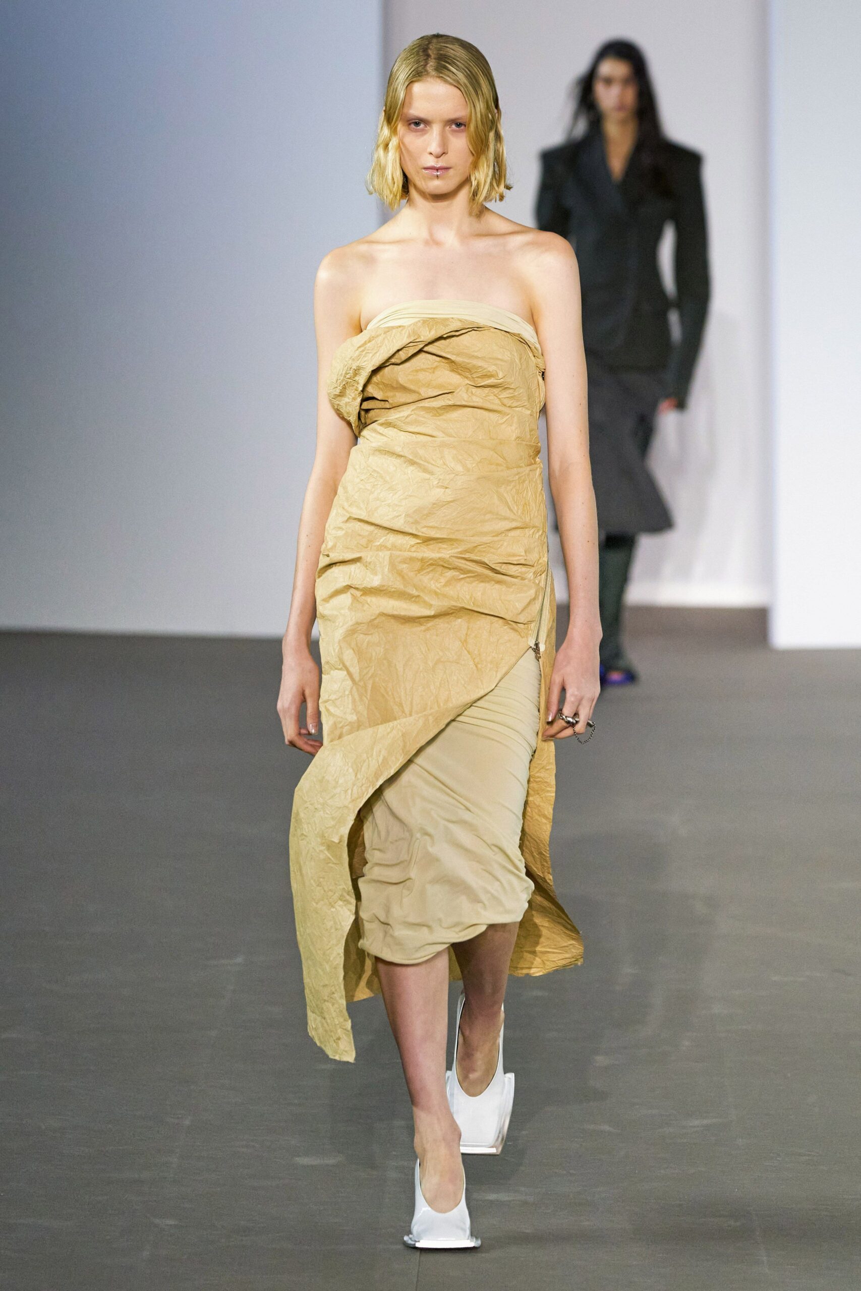 beige silk strapless draped dress