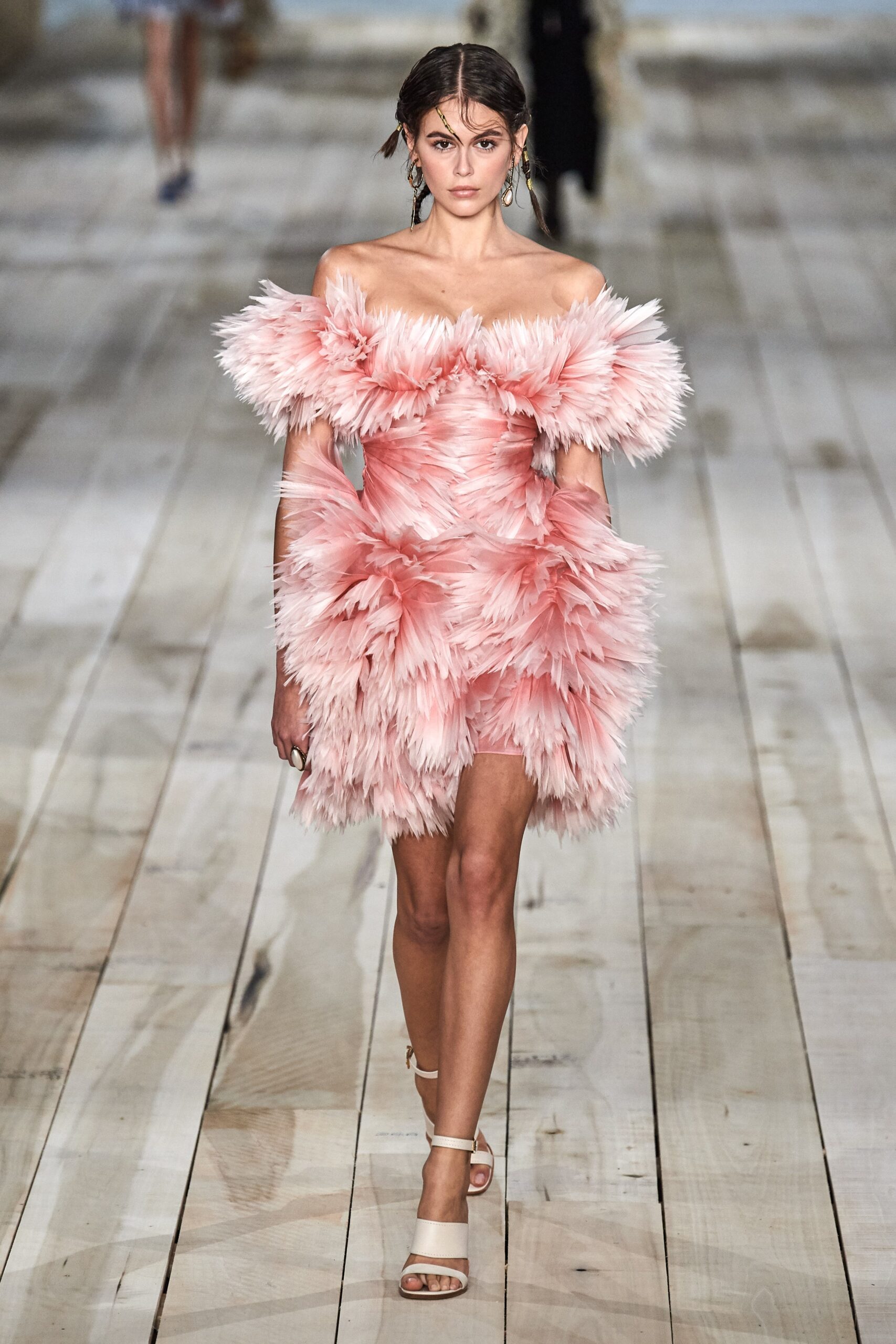 pink feathered off-shoulder dress