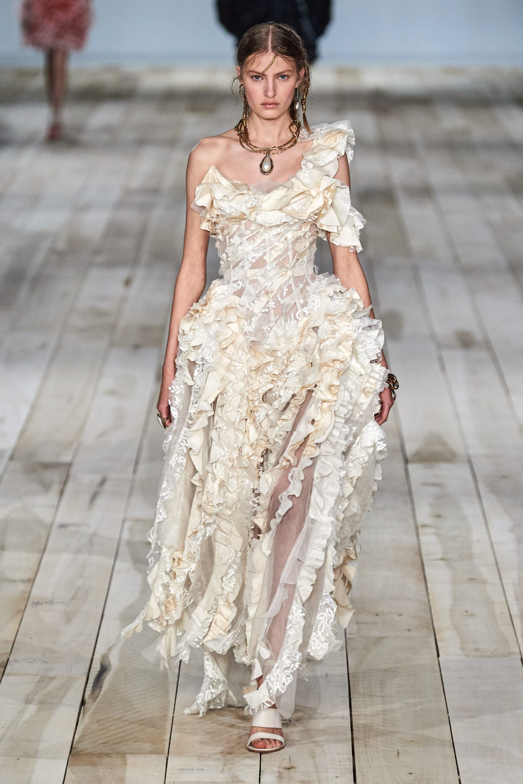 white silk off-shoulder gown