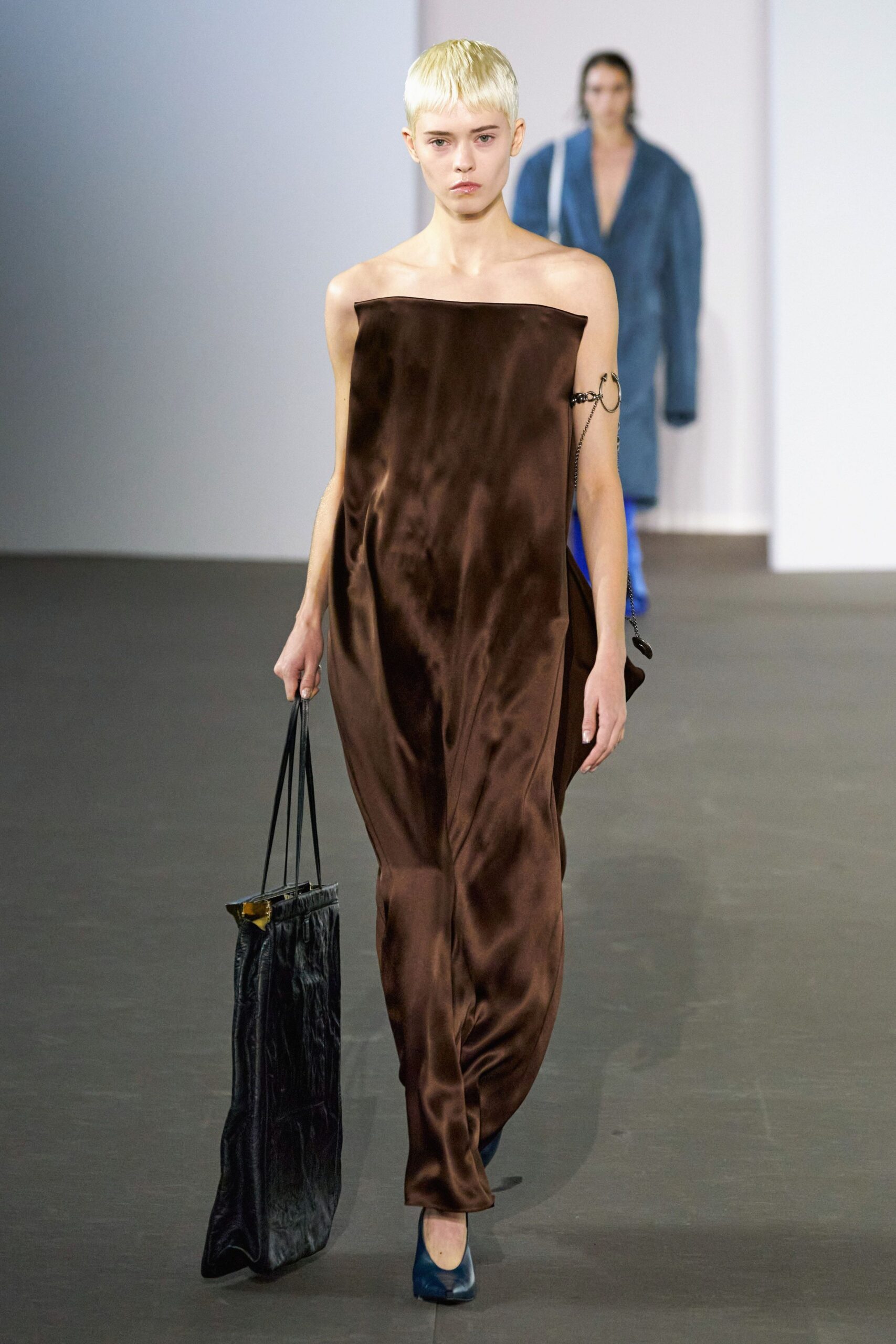 brown silk strapless maxi dress