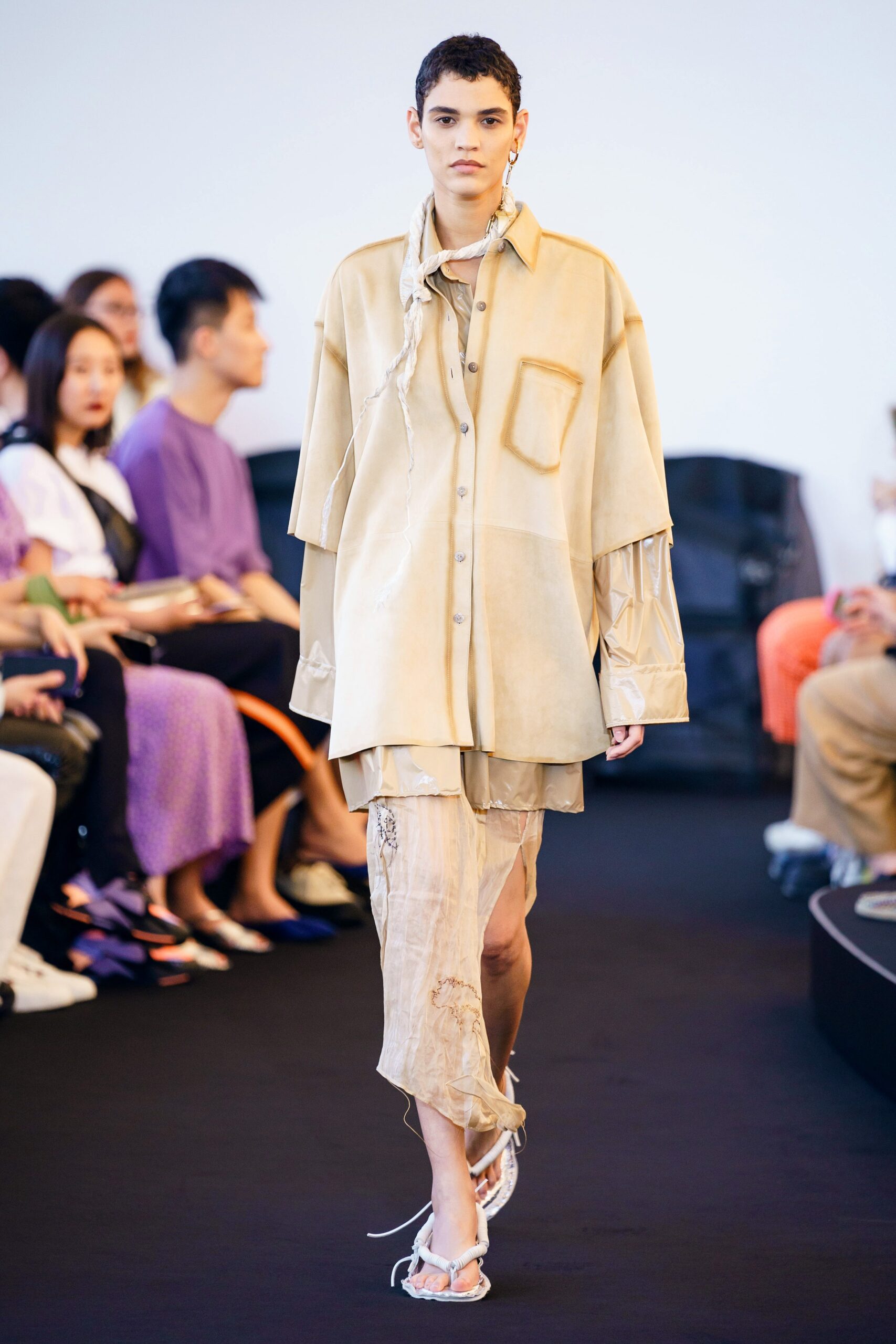 beige cotton asymmetric fitted draped midi skirt