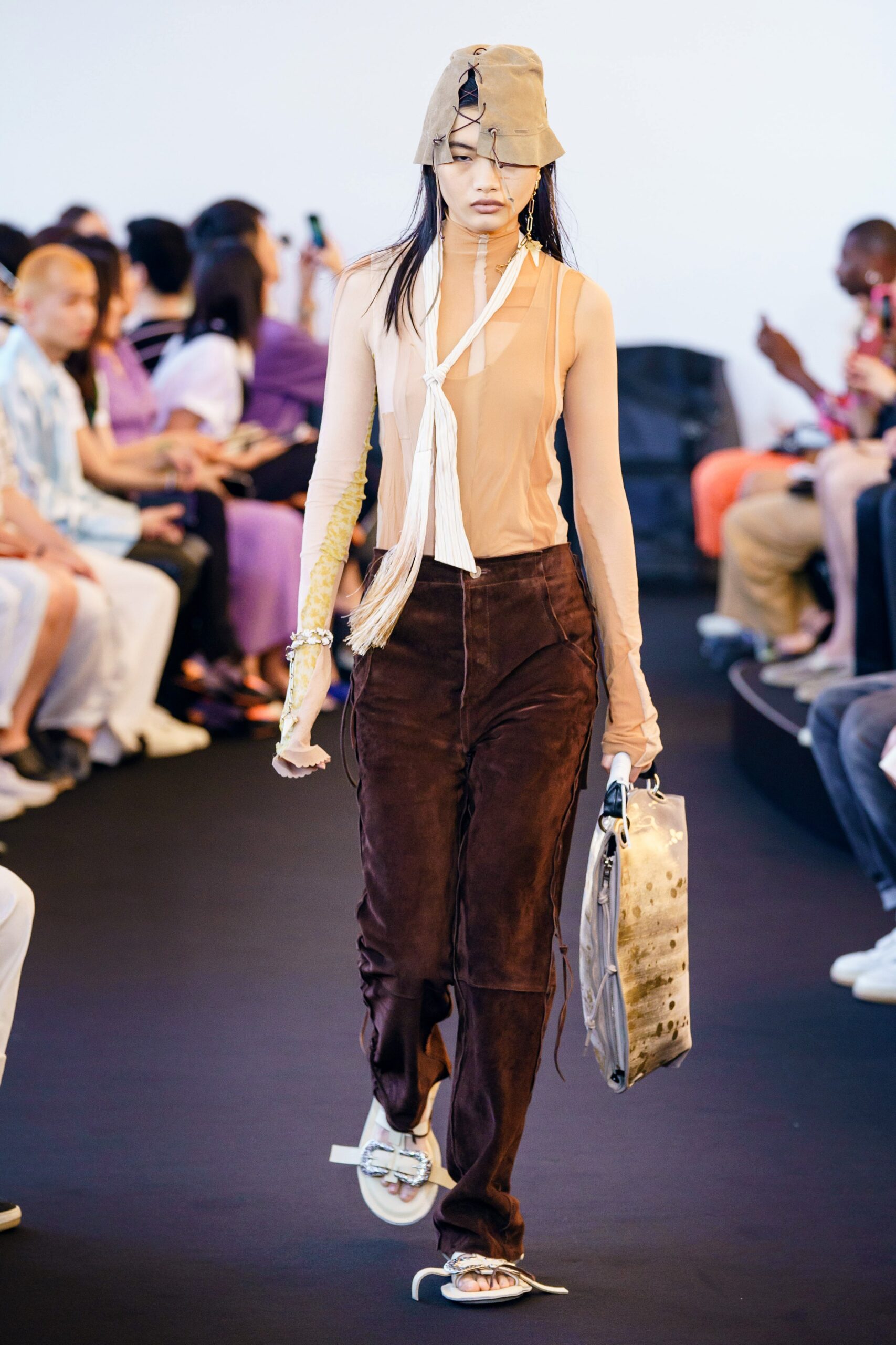 brown suede fitted straight-leg pants