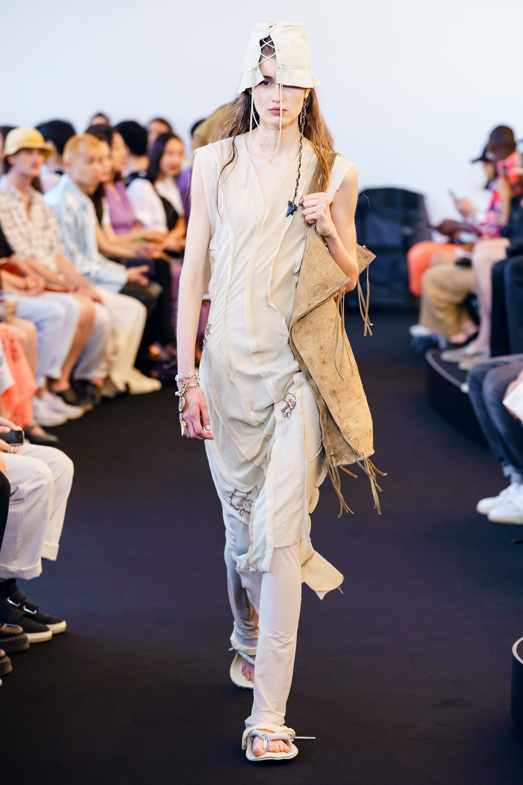 beige cotton sleeveless v-neck fitted draped midi dress