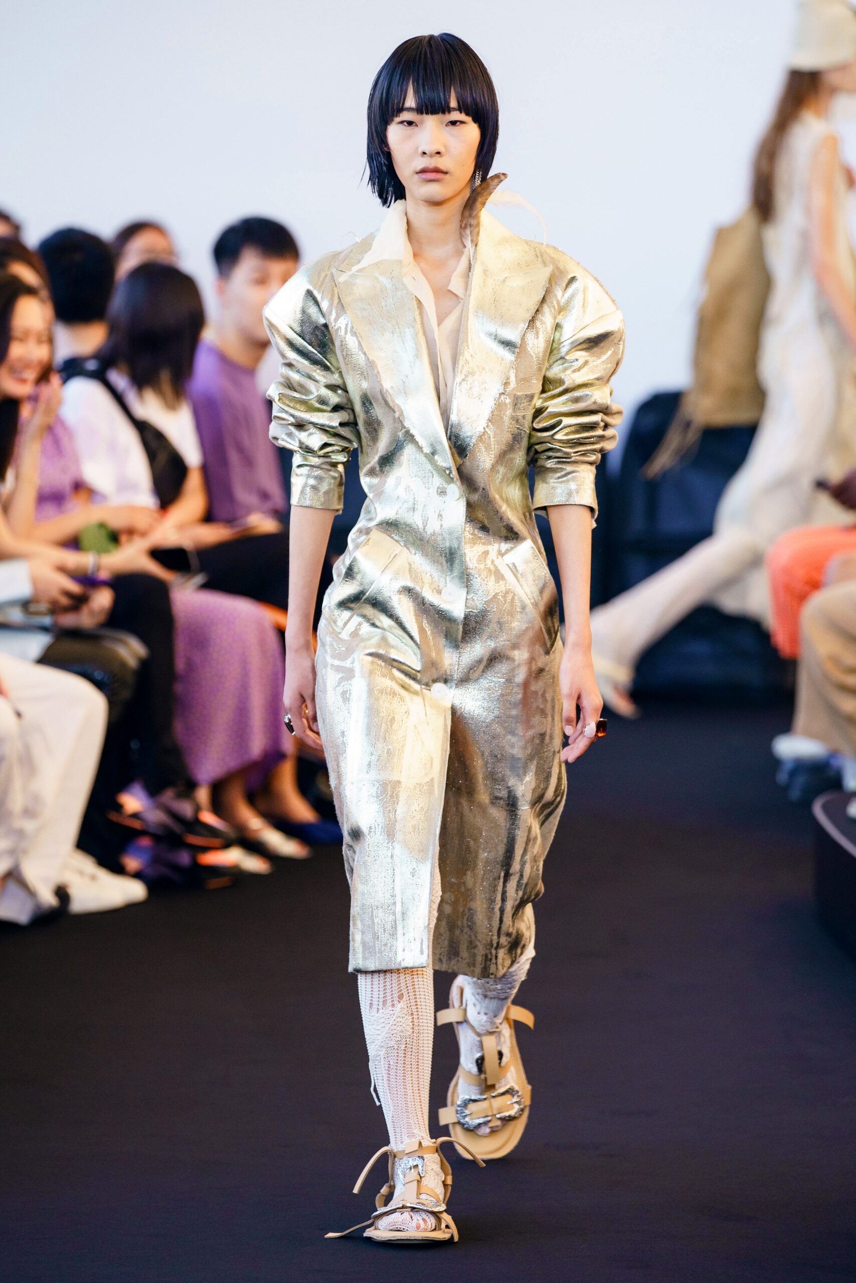 fitted silver metallic coat