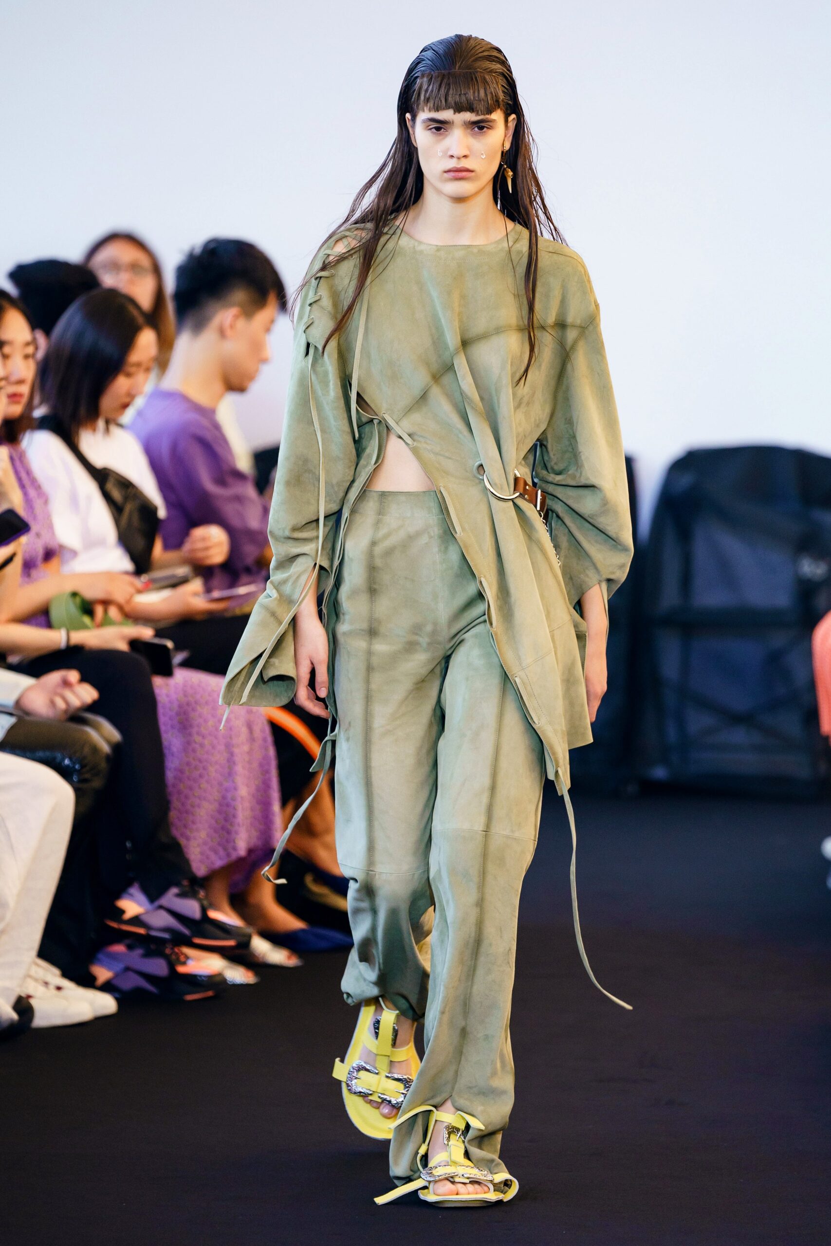 green leather sleeveless asymmetric relaxed draped top