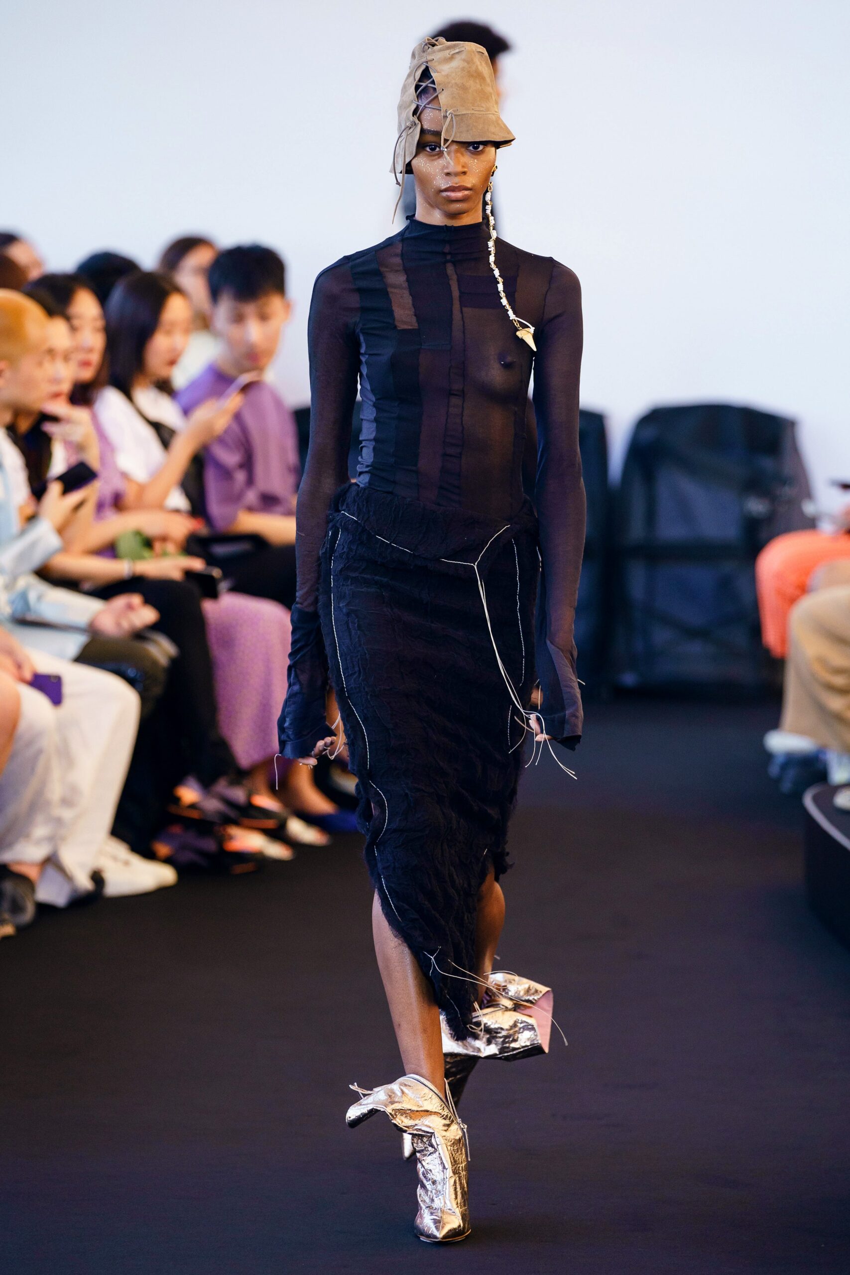 black silk long-sleeve v-neck fitted ruched top
