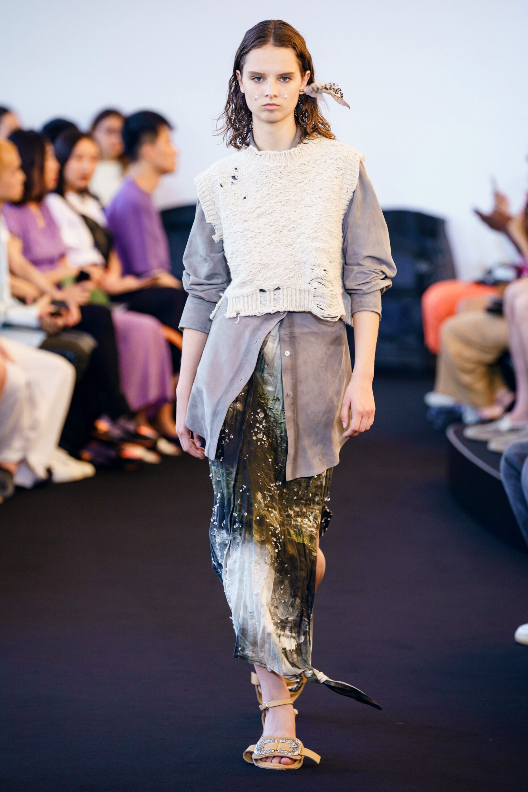 multi silk asymmetric fitted draped flowing midi skirt