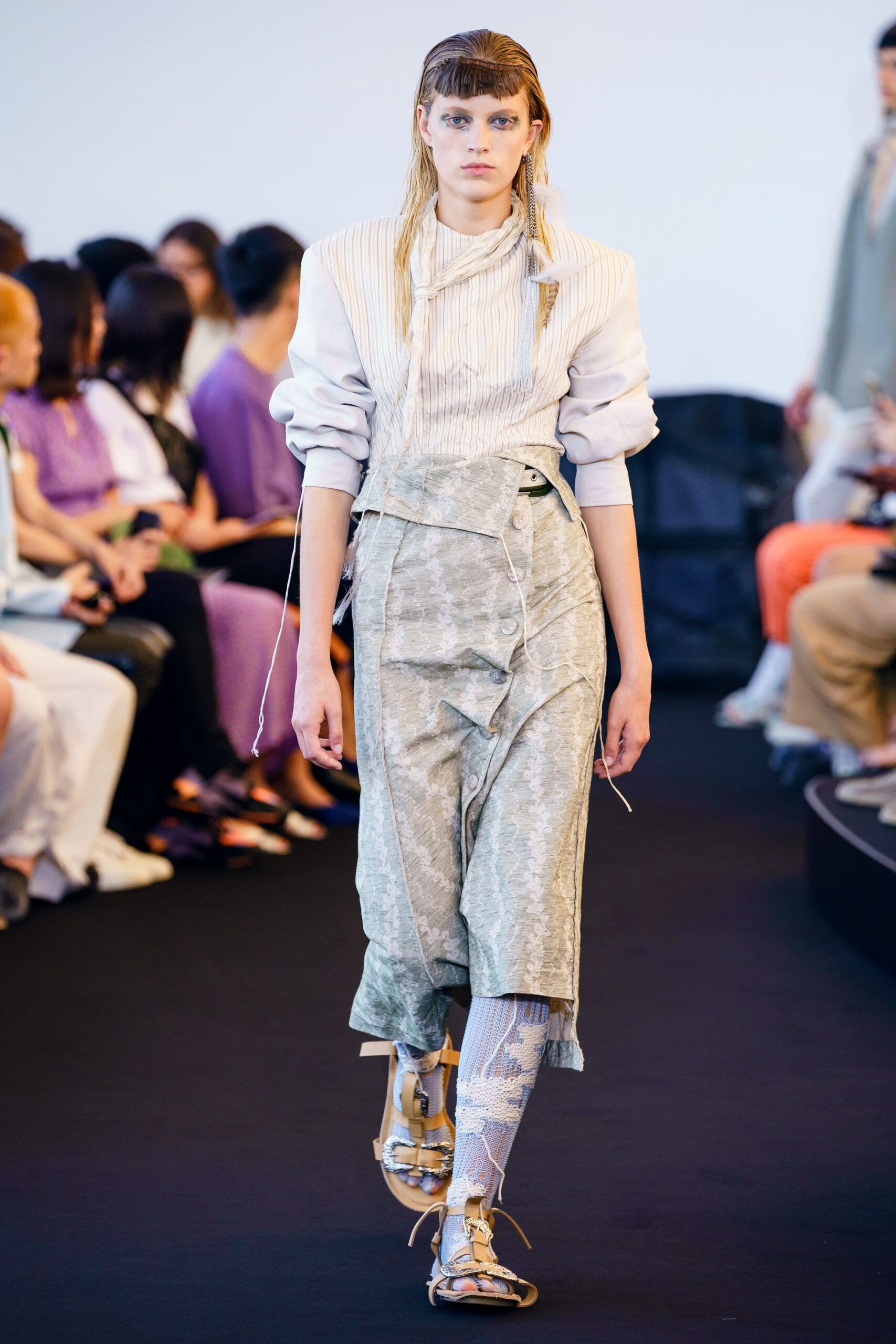 gray cotton long-sleeve collared relaxed layered jumpsuit