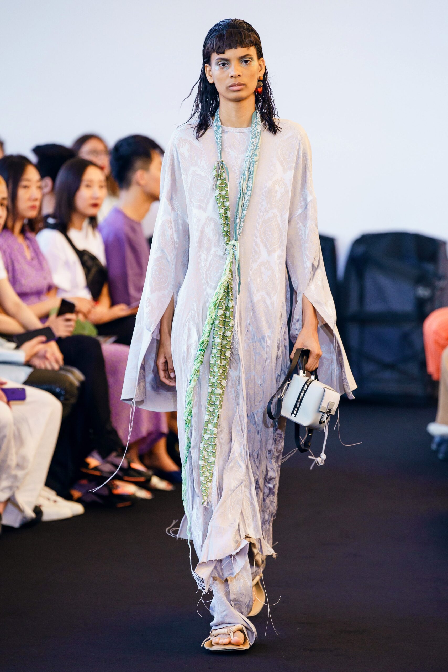 blue silk long-sleeve v-neck relaxed draped flowing dress