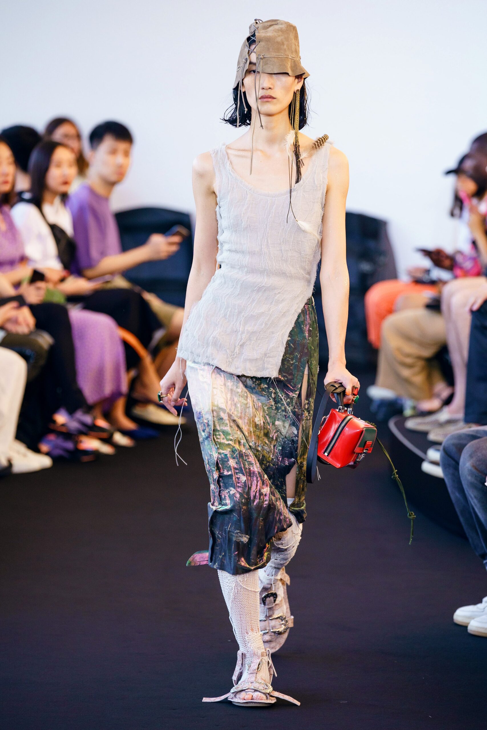 white fitted top with multi skirt