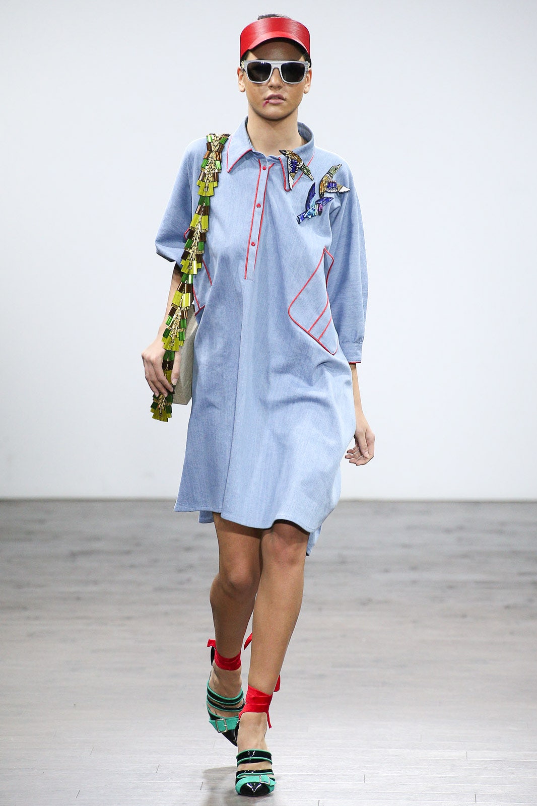 blue cotton shirt-dress with accessories