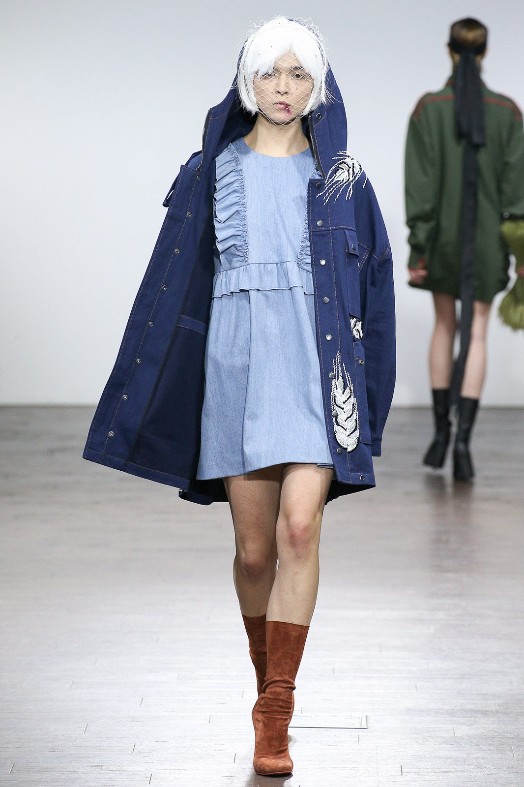 blue cotton mini dress with navy coat