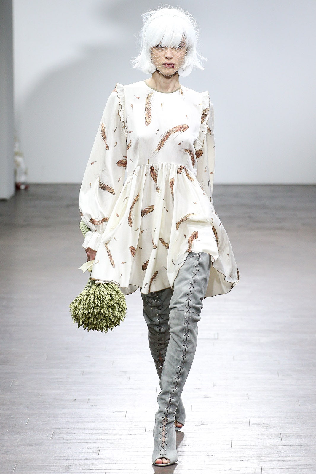 white floral mini dress with gray boots