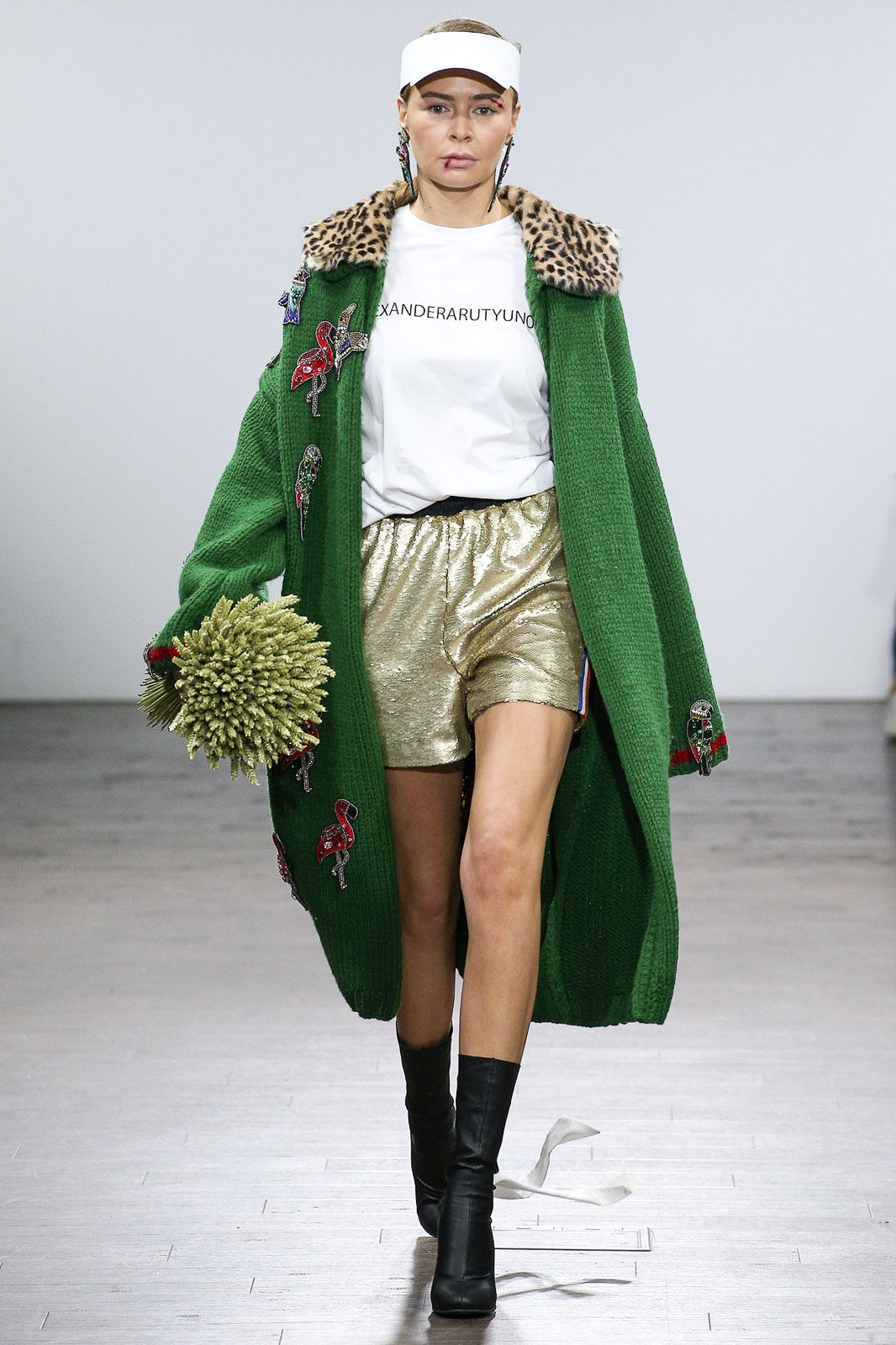 green wool coat with gold shorts