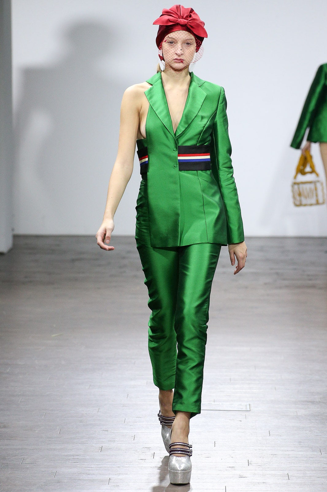 green silk fitted suit