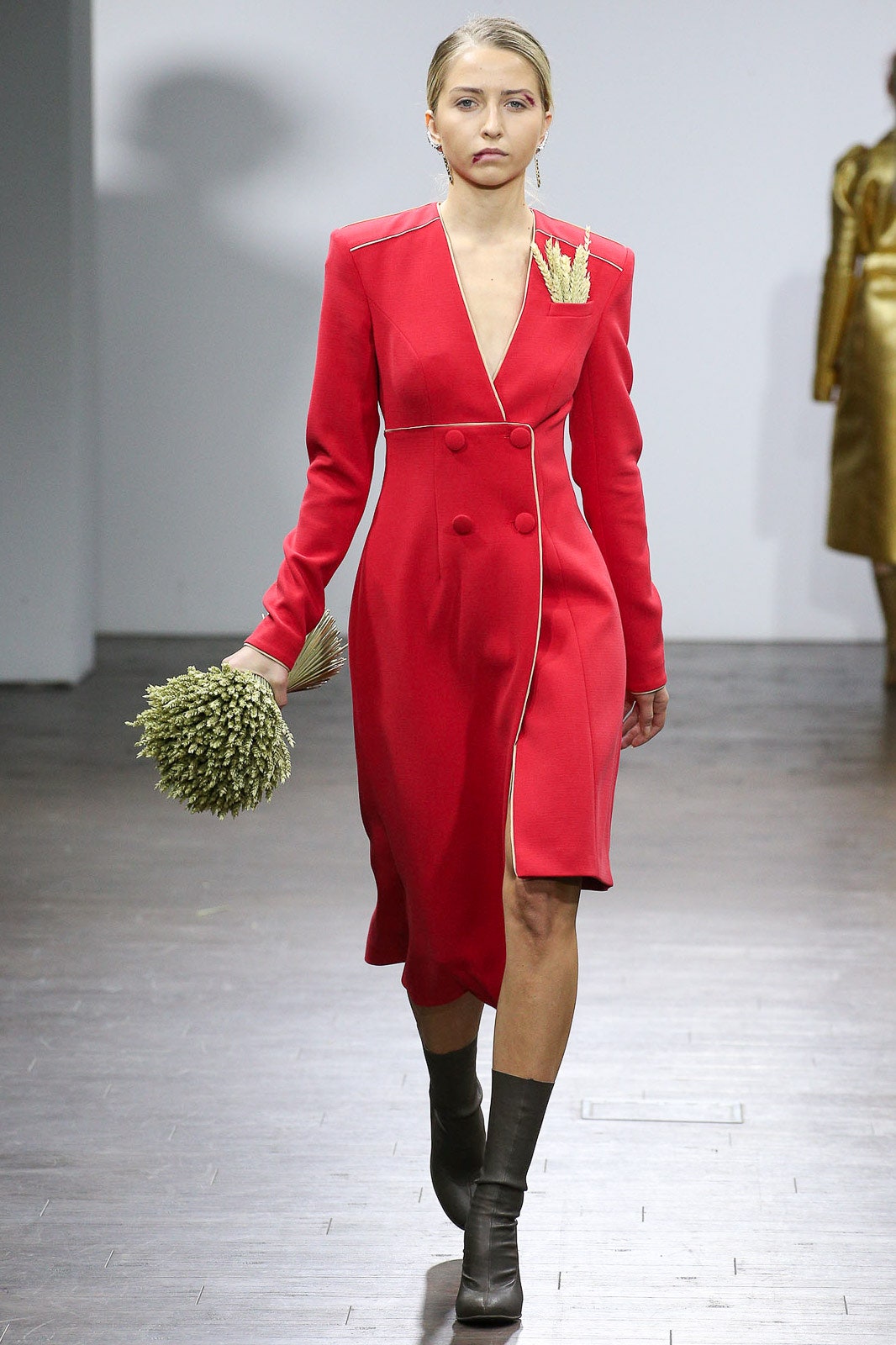 fitted red wool midi dress