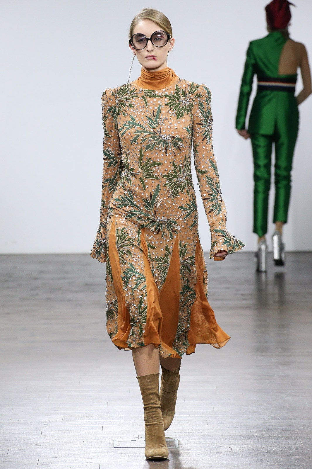 fitted orange silk embroidered dress