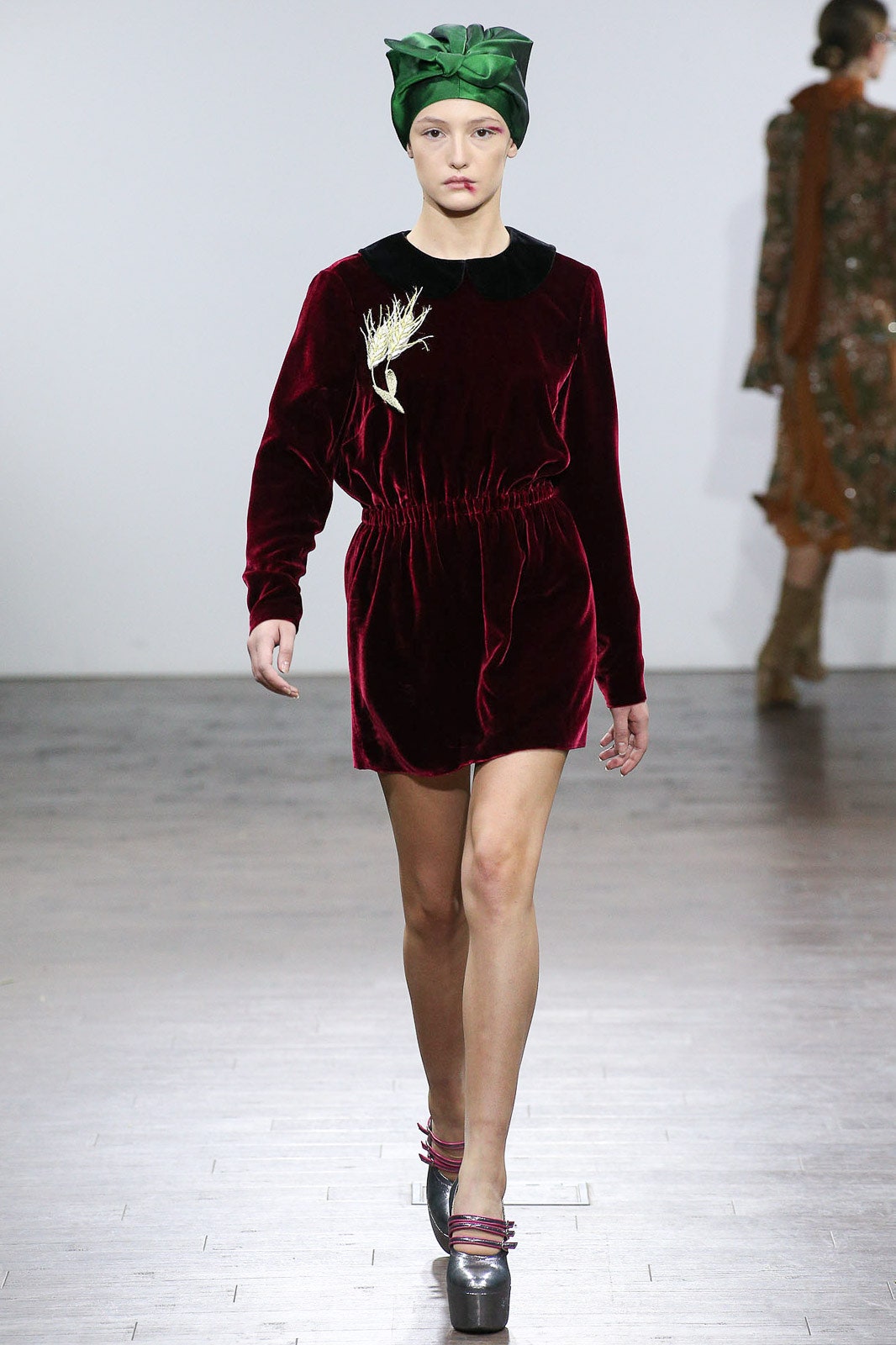 red velvet mini dress with green hat