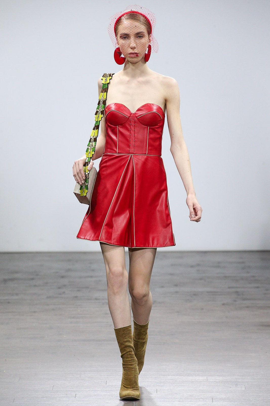 fitted red leather strapless dress