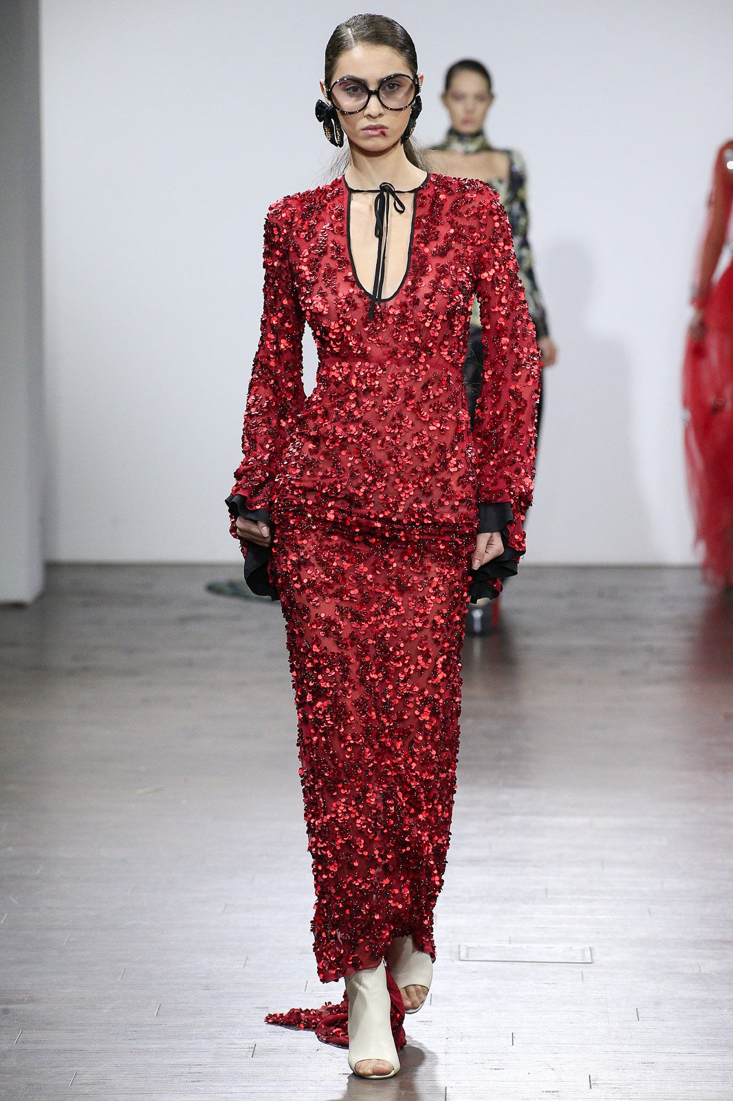 fitted red sequined gown