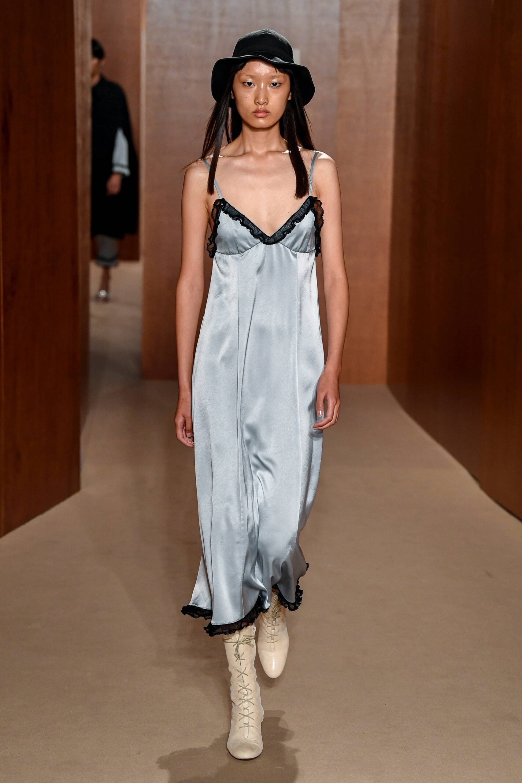 gray silk sleeveless v-neck fitted layered flowing dress