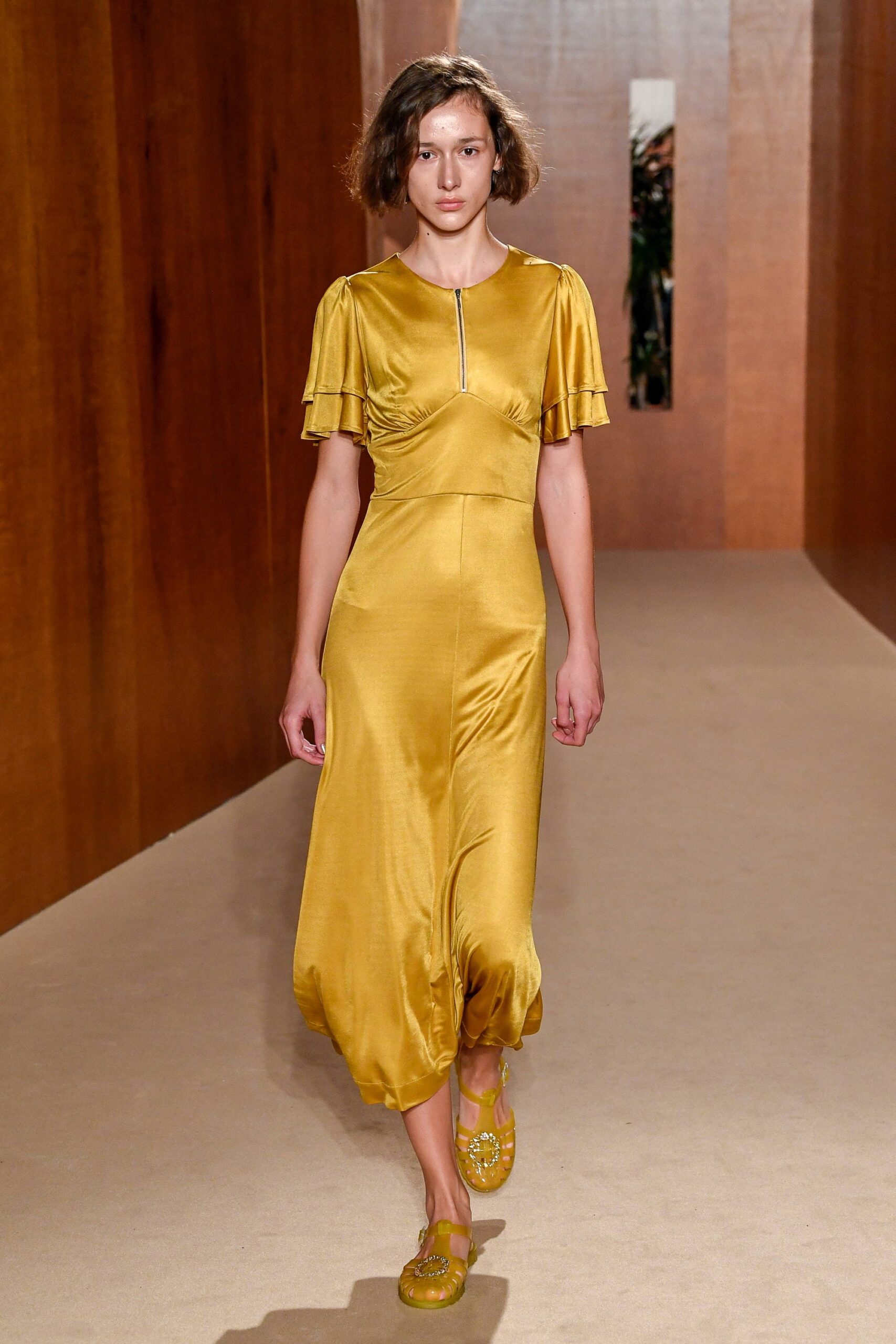 yellow silk fitted dress