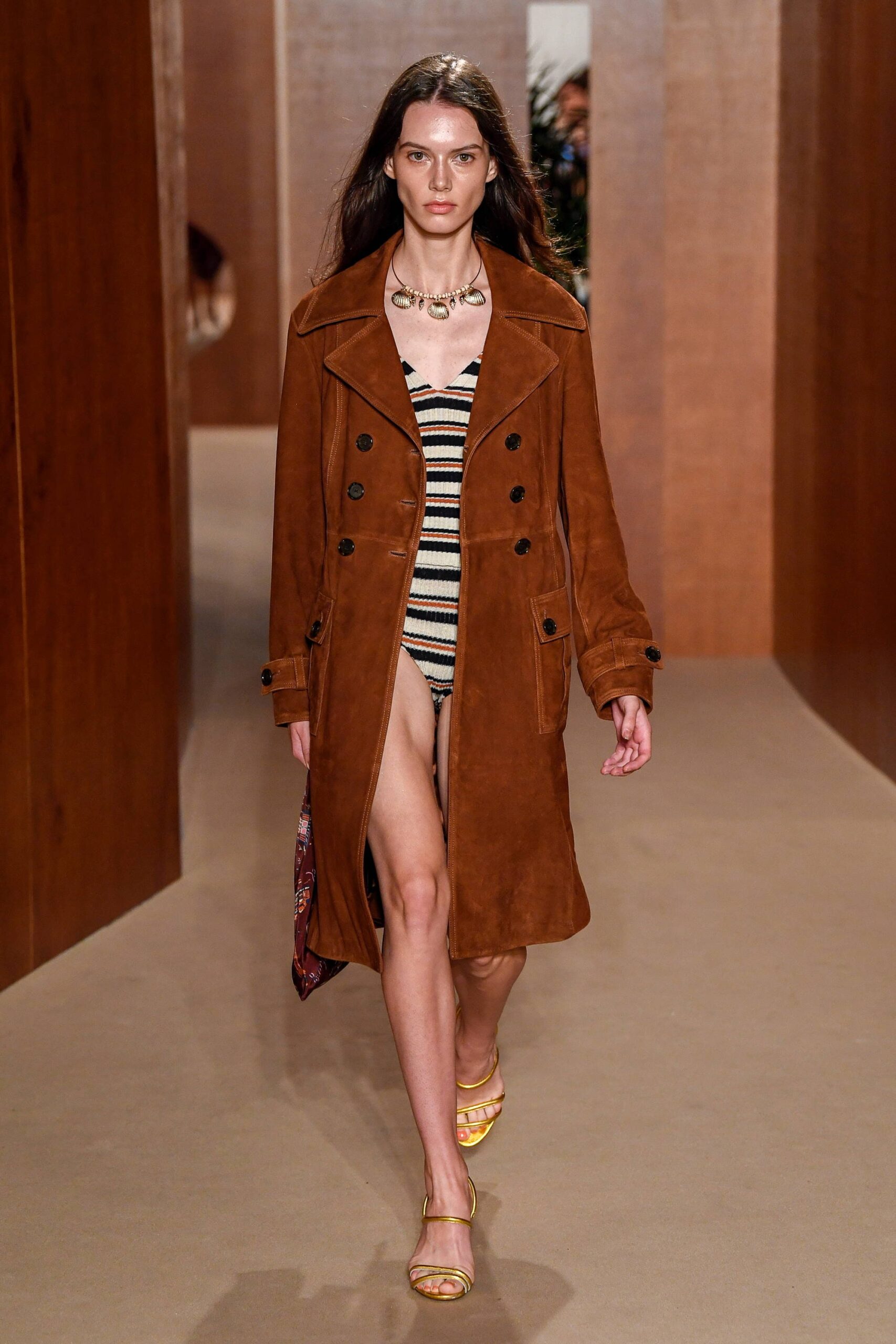brown suede long-sleeve double-breasted relaxed belted coat