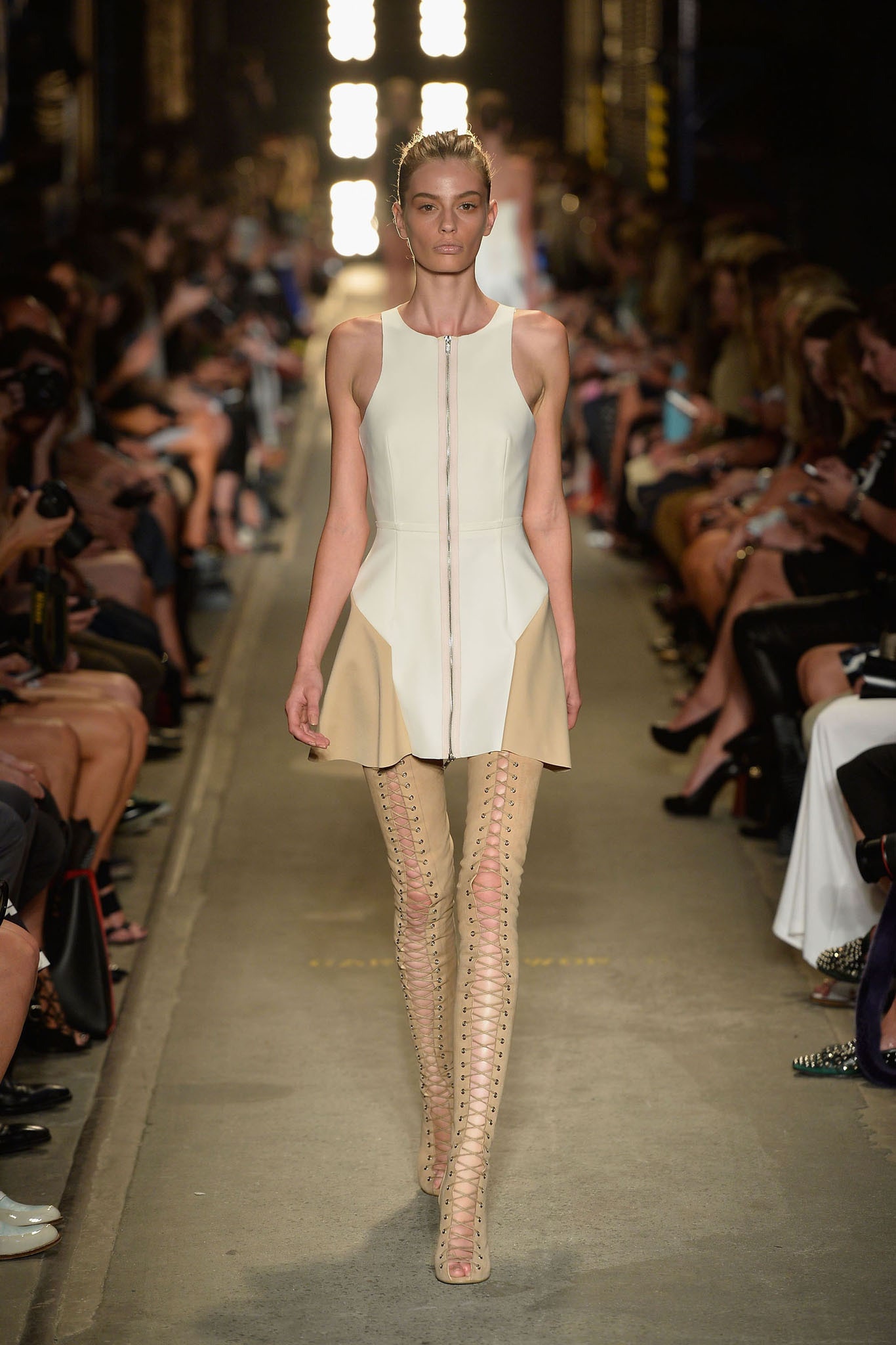 white and beige fitted dress
