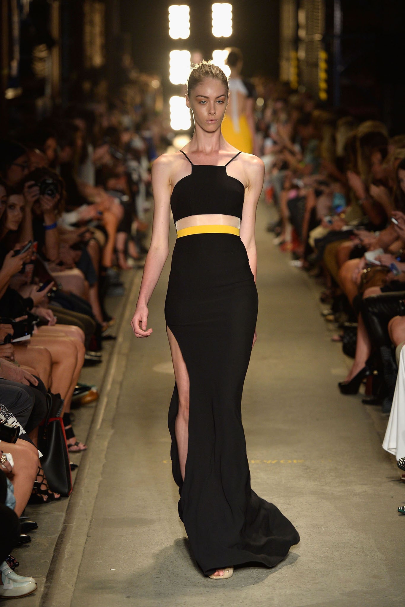 black and yellow color-blocked gown