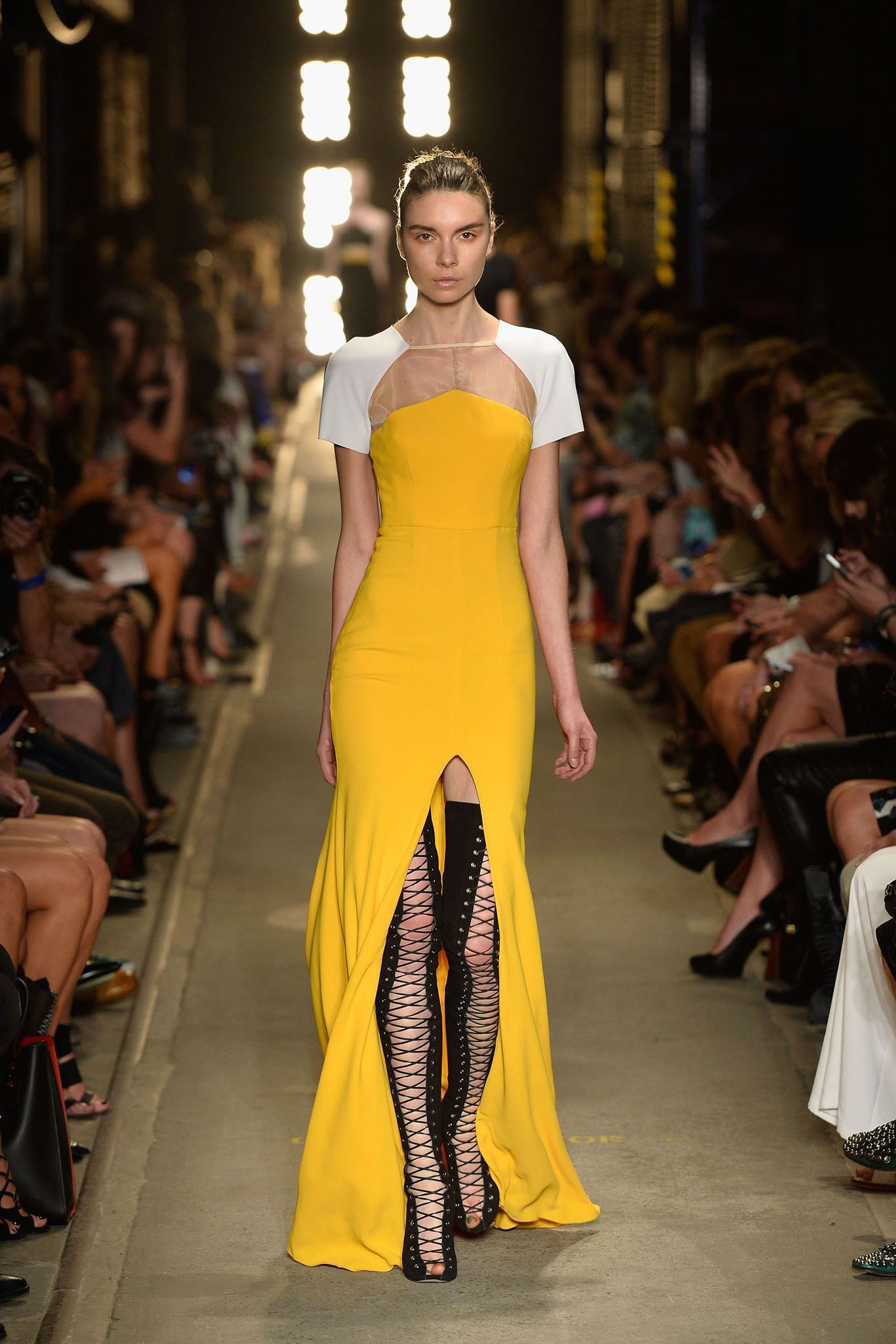 yellow sleeveless high-neck fitted maxi gown