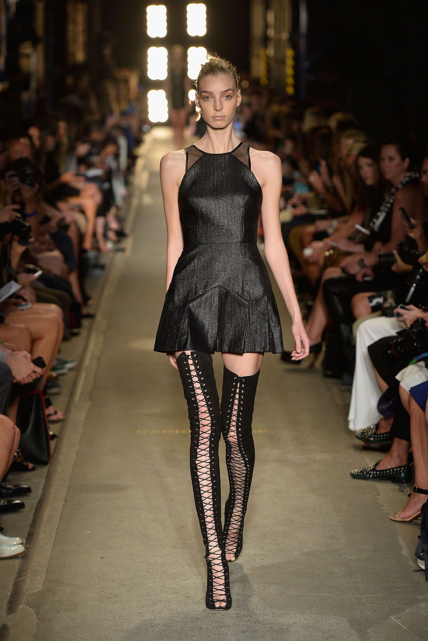 black silk mini dress and boots