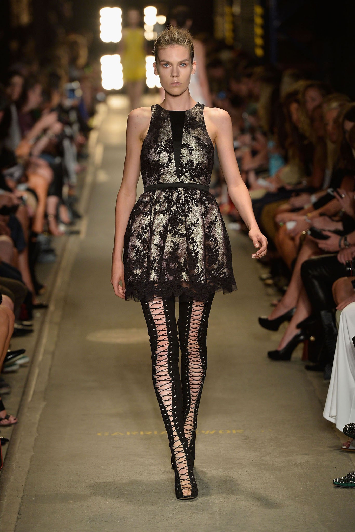 black lace mini dress with fitted pants