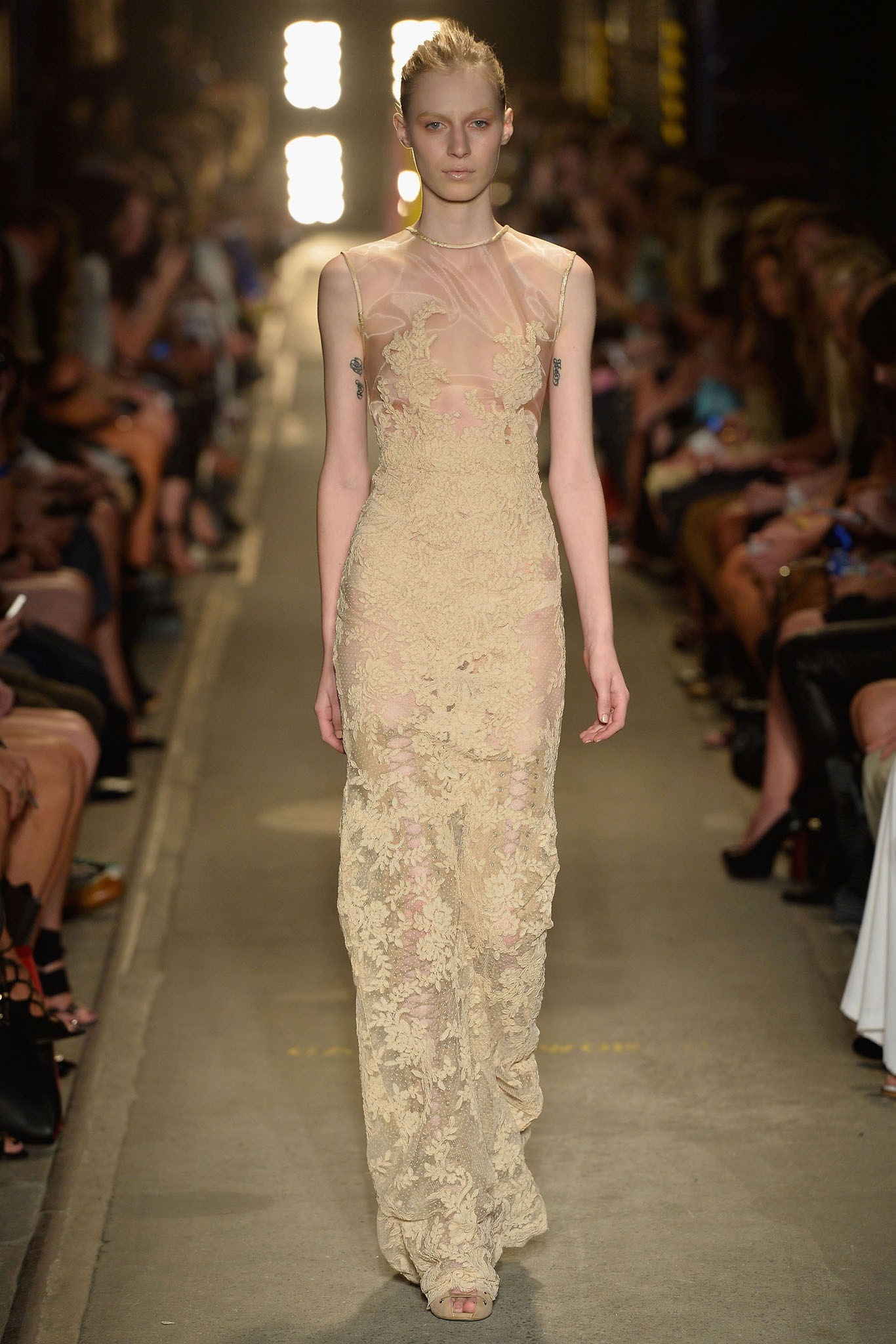 beige lace fitted gown