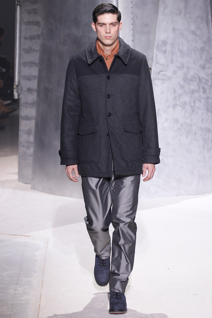 black gray wool coat and tailored pants