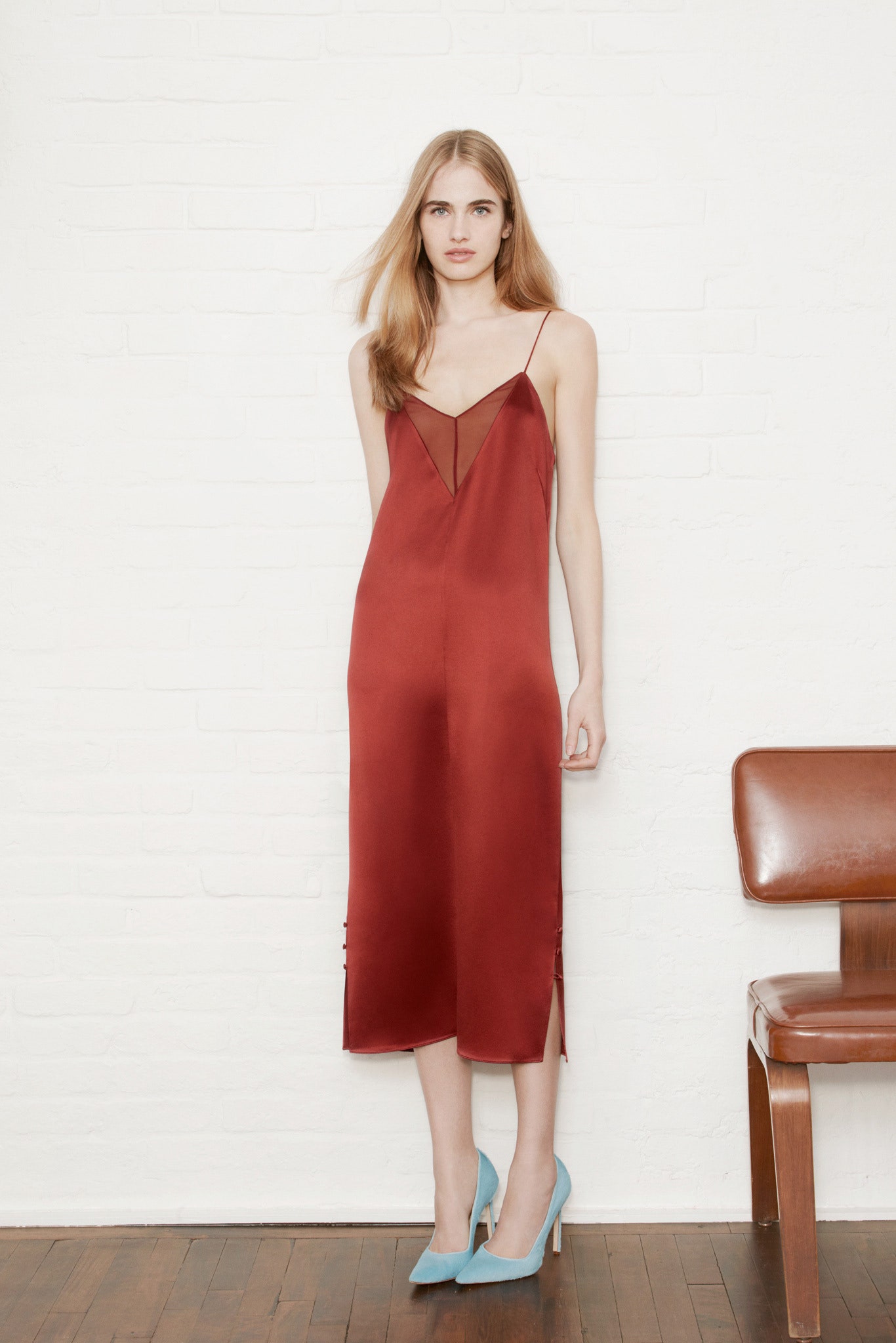 red silk sleeveless midi dress