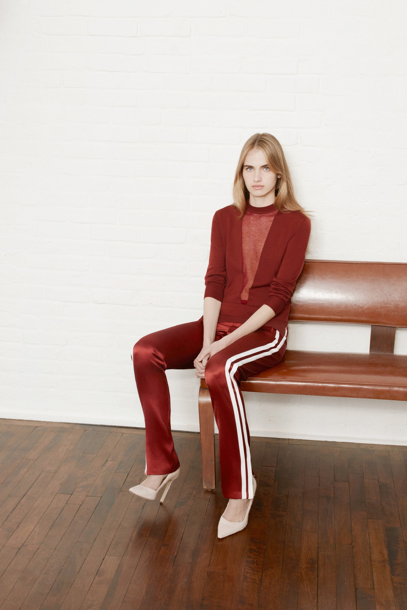 red silk fitted top and pants