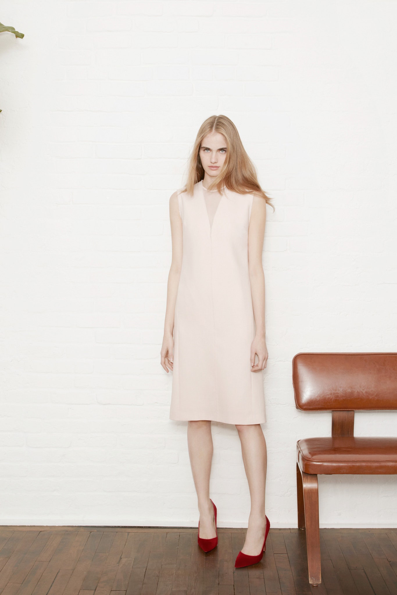 pink cotton sleeveless v-neck fitted straight-leg midi dress