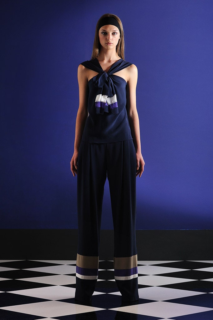navy silk halter top with wide-leg pants