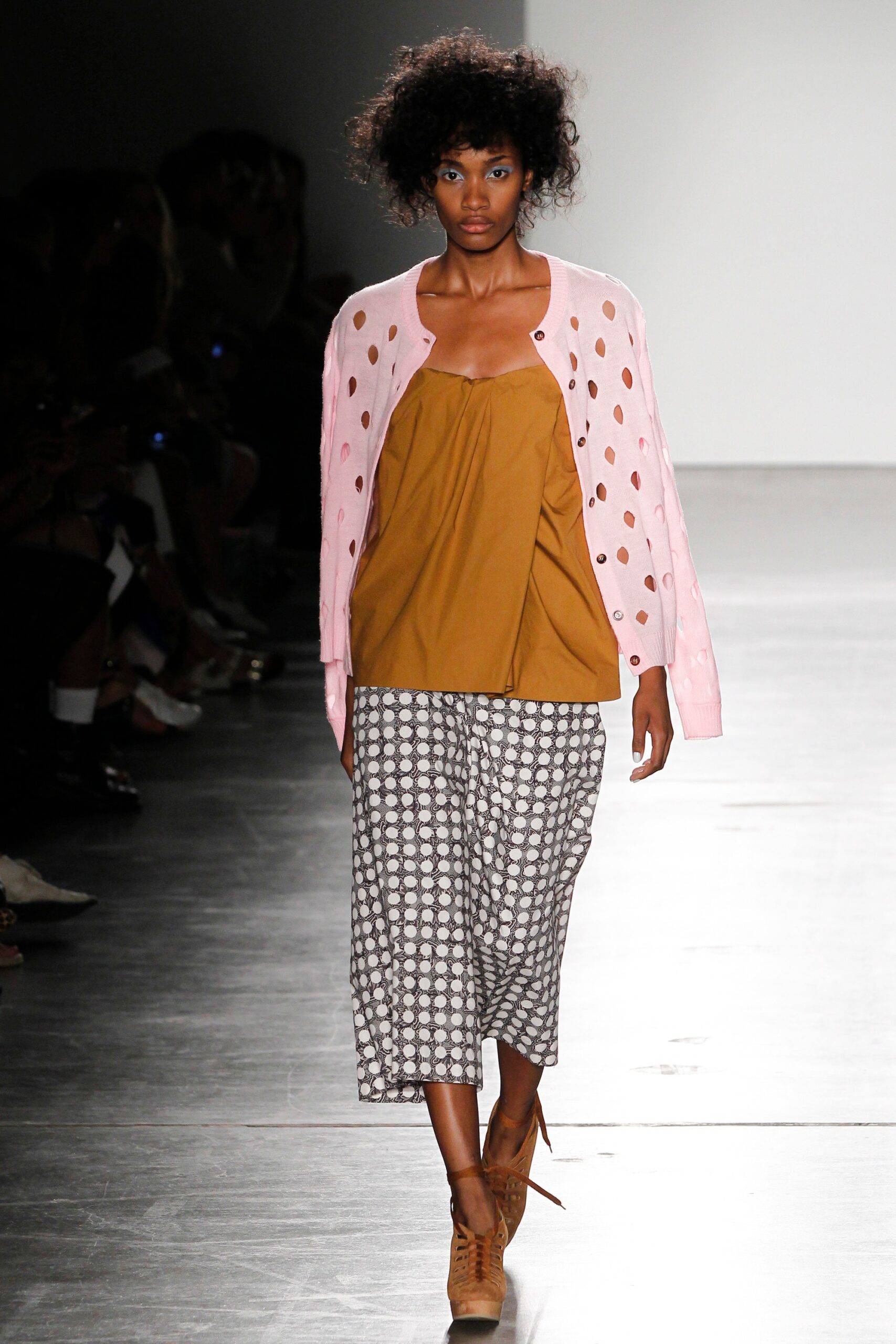 brown relaxed top with pink cardigan