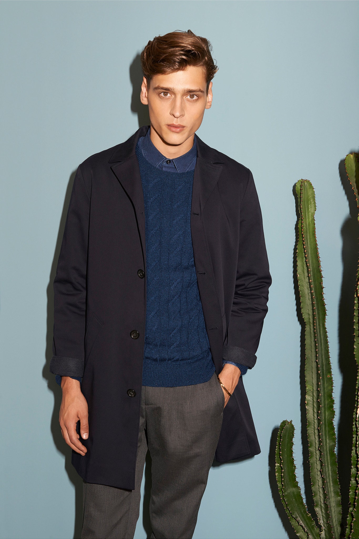 navy coat with blue sweater