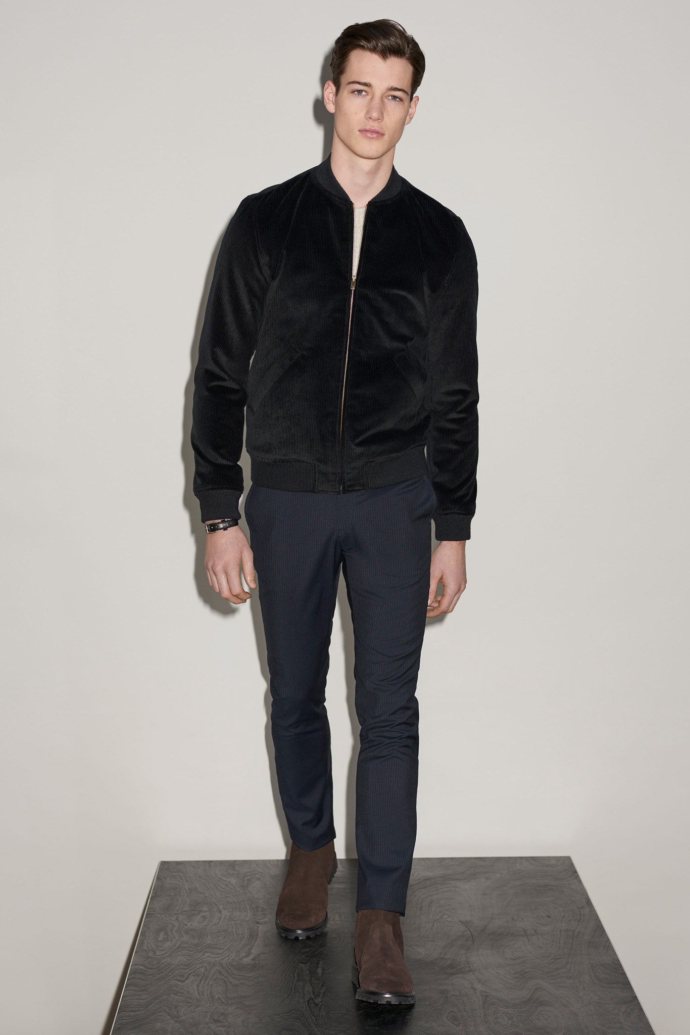 black suede long-sleeve collared fitted zippered jacket