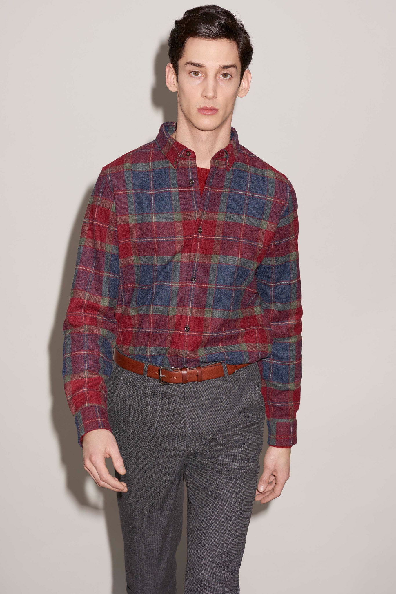 checked shirt with tailored pants