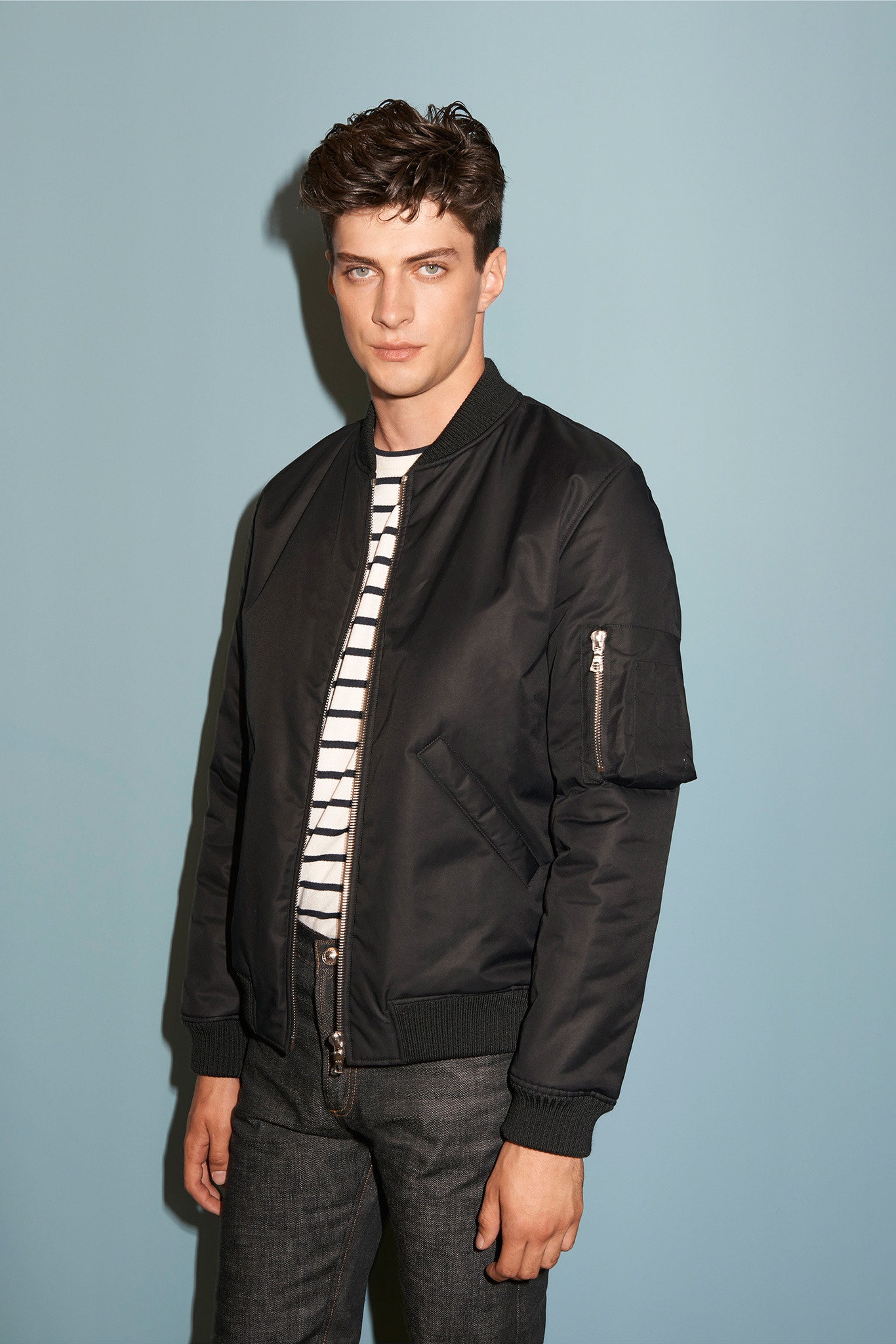 black fitted jacket with striped shirt