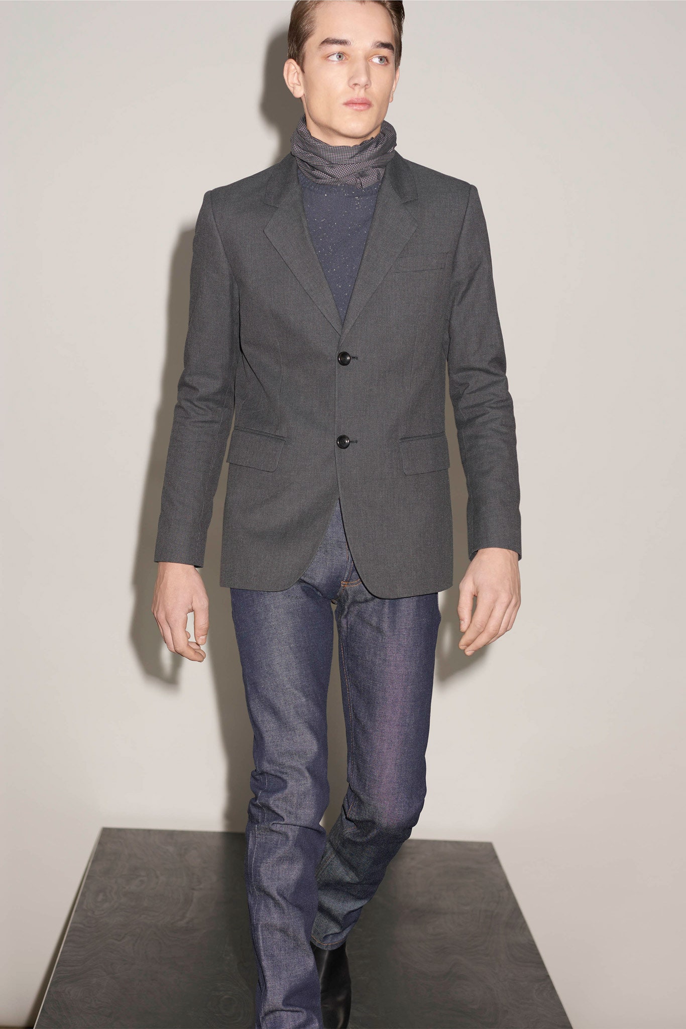 gray tailored blazer with navy t-shirt