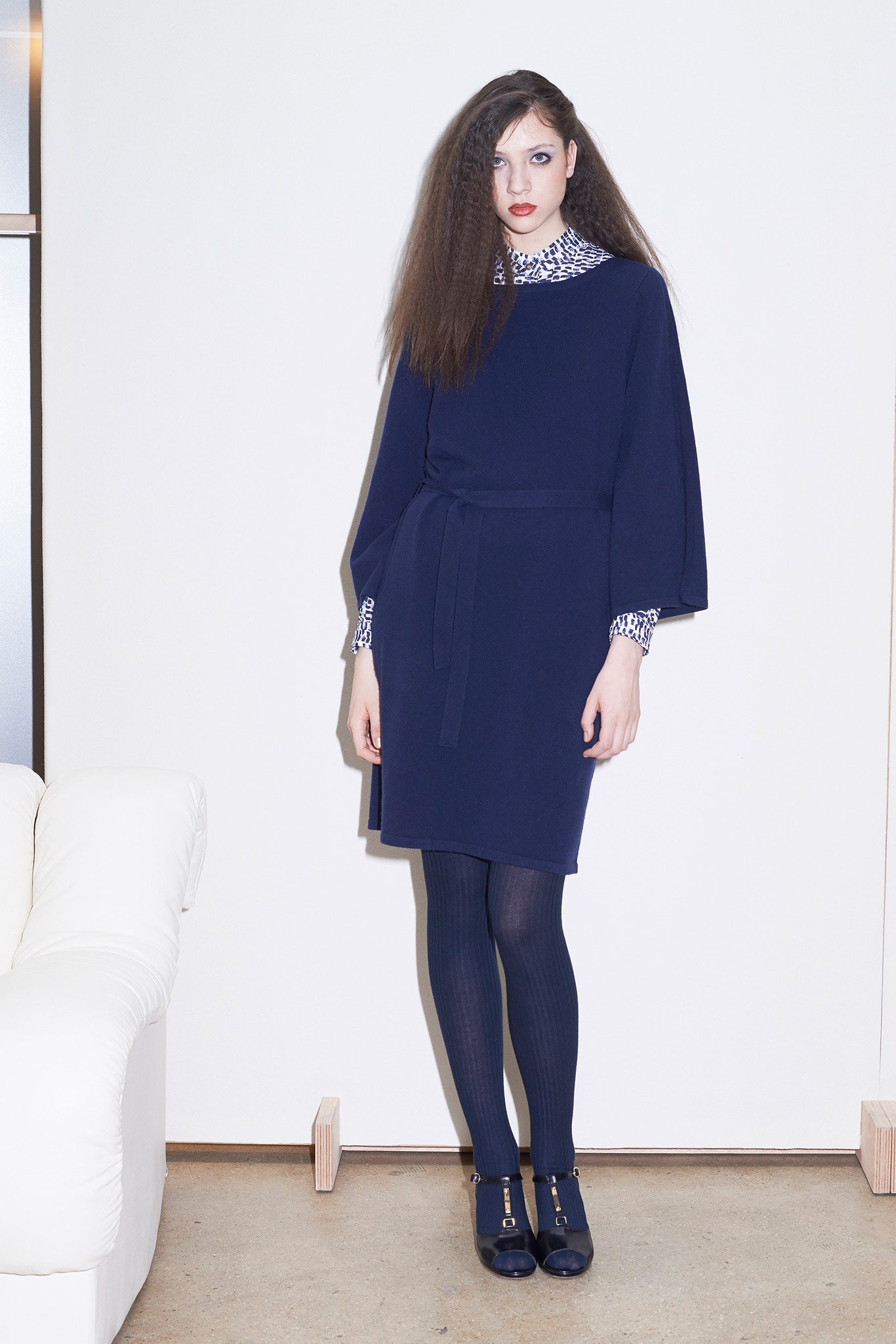 blue belted long-sleeve dress
